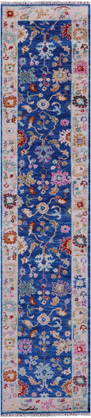 Blue Turkish Oushak Hand Knotted Wool Runner Rug - 2' 8" X 12' 2" - Golden Nile