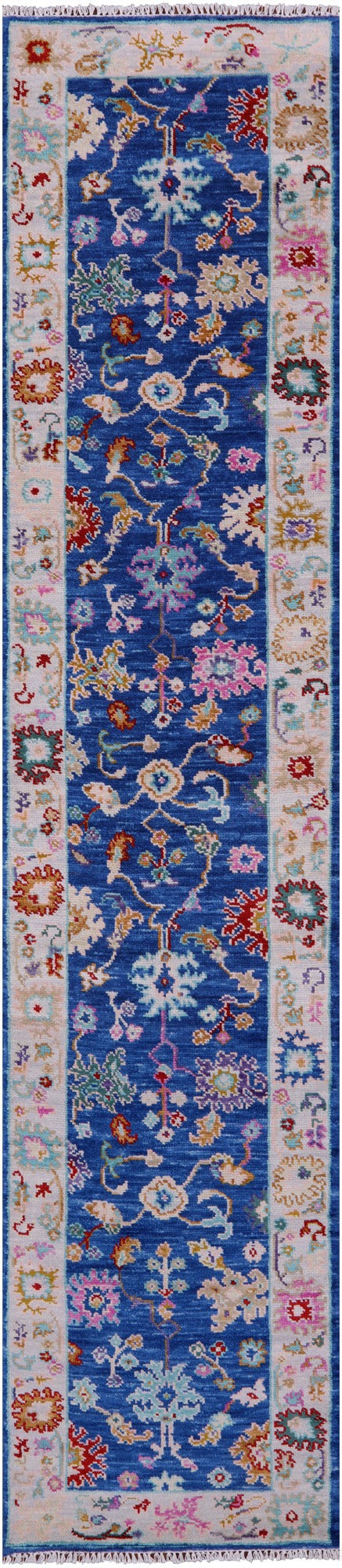 Blue Turkish Oushak Hand Knotted Wool Runner Rug - 2' 8" X 12' 2" - Golden Nile
