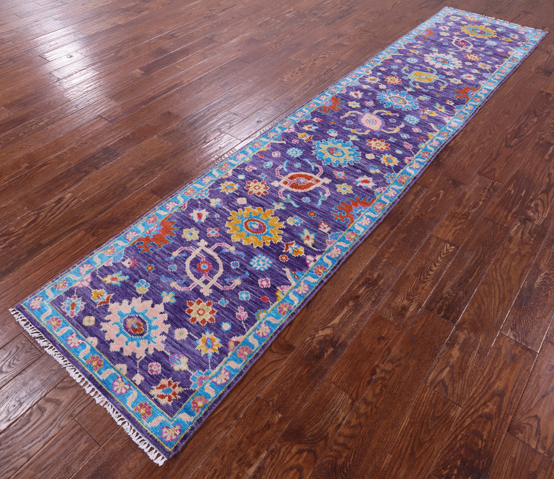 Purple Turkish Oushak Hand Knotted Wool Runner Rug - 2' 7" X 12' 4" - Golden Nile