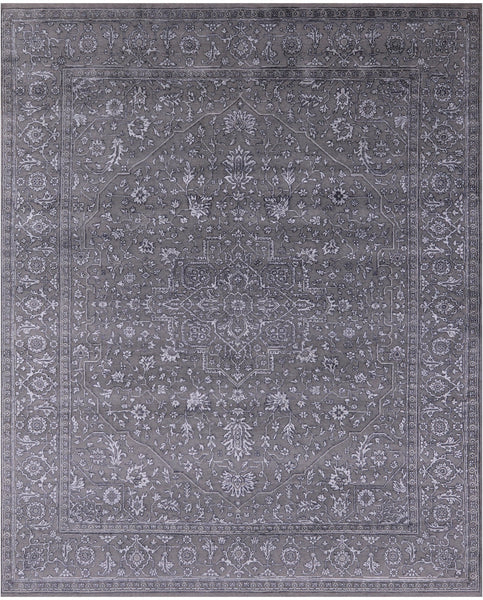 Grey Persian Fine Serapi Hand Knotted Wool & Silk Rug - 8' 0" X 10' 1" - Golden Nile