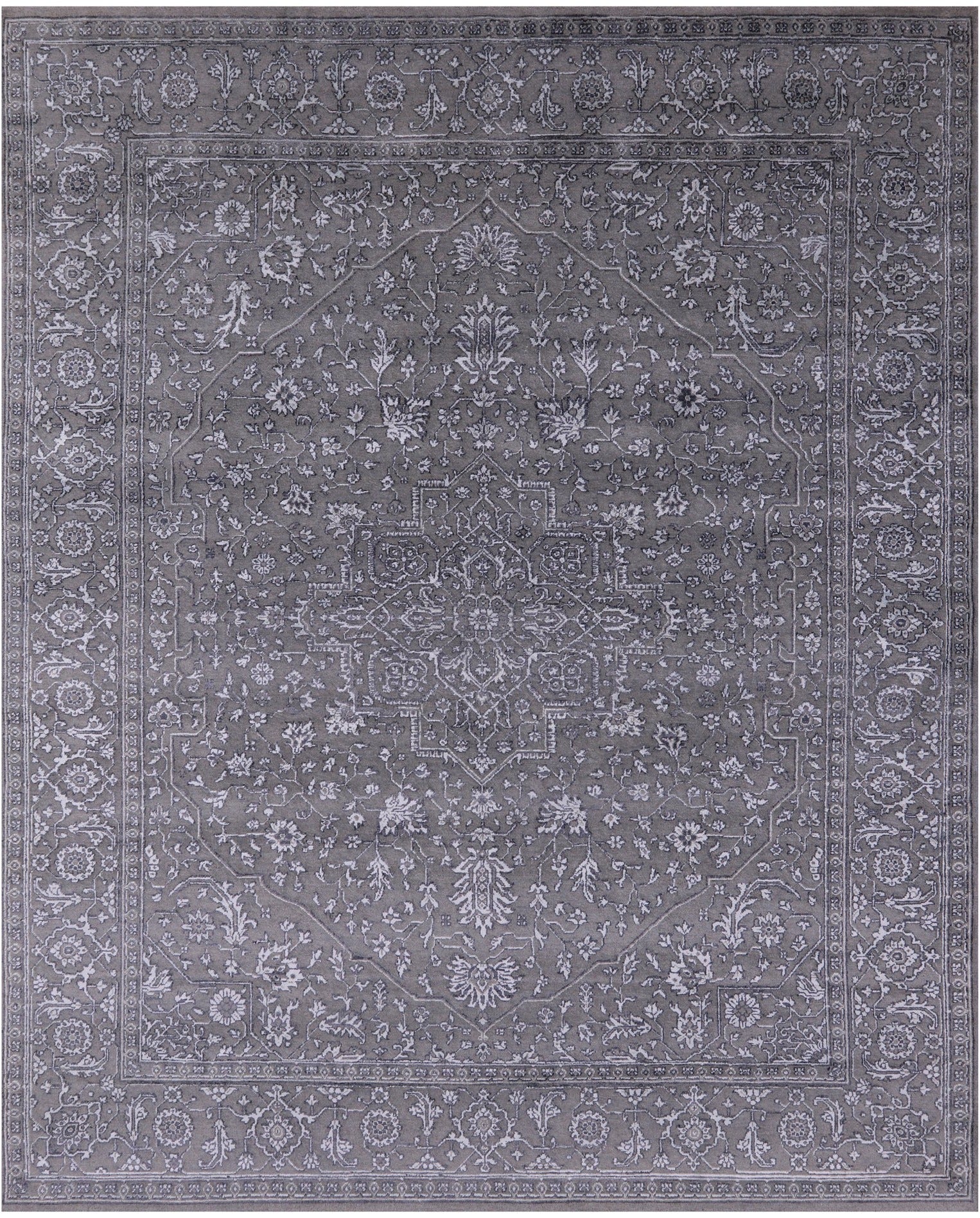 Grey Persian Fine Serapi Hand Knotted Wool & Silk Rug - 8' 0" X 10' 1" - Golden Nile