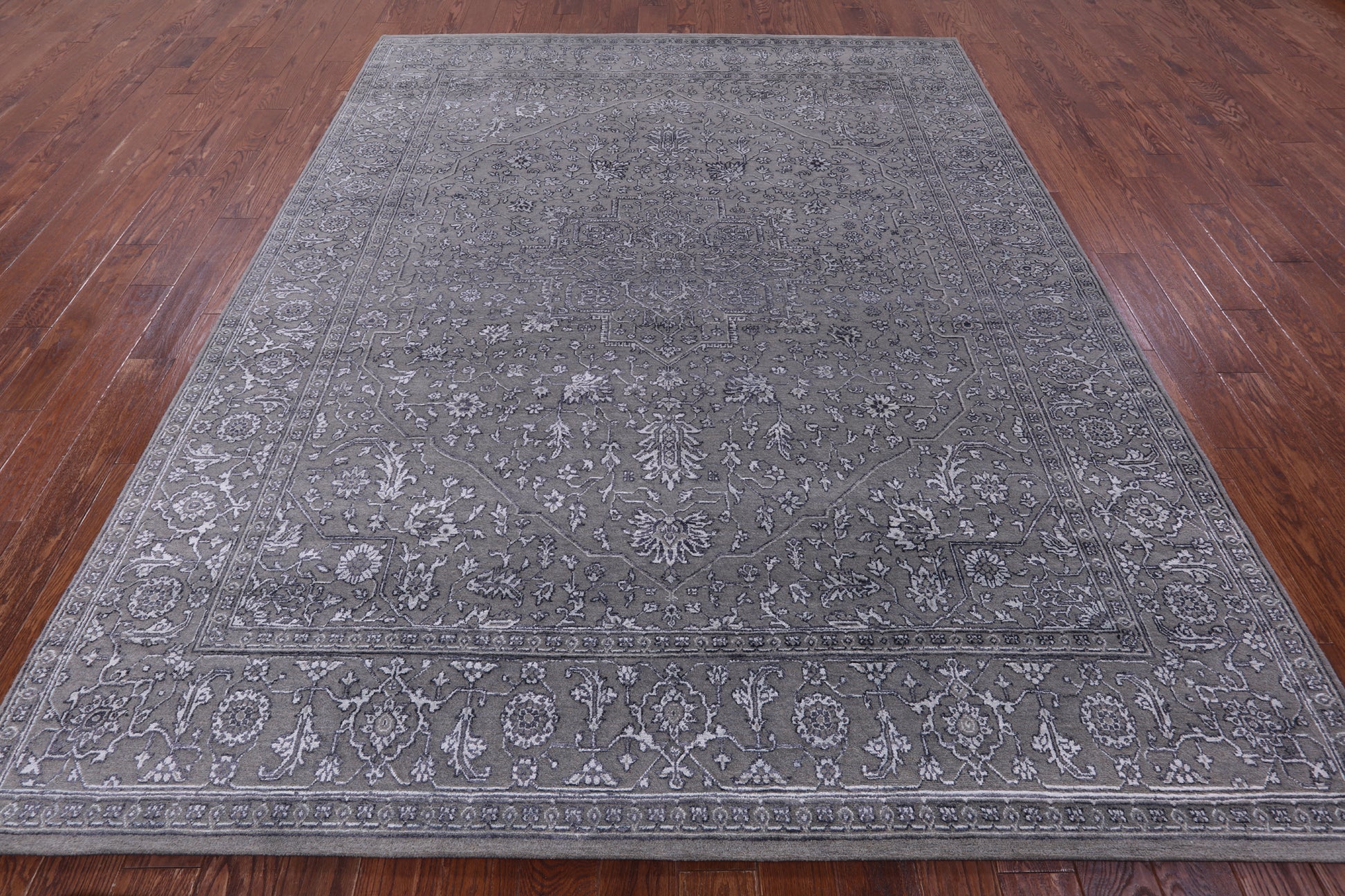 Grey Persian Fine Serapi Hand Knotted Wool & Silk Rug - 8' 0" X 10' 1" - Golden Nile