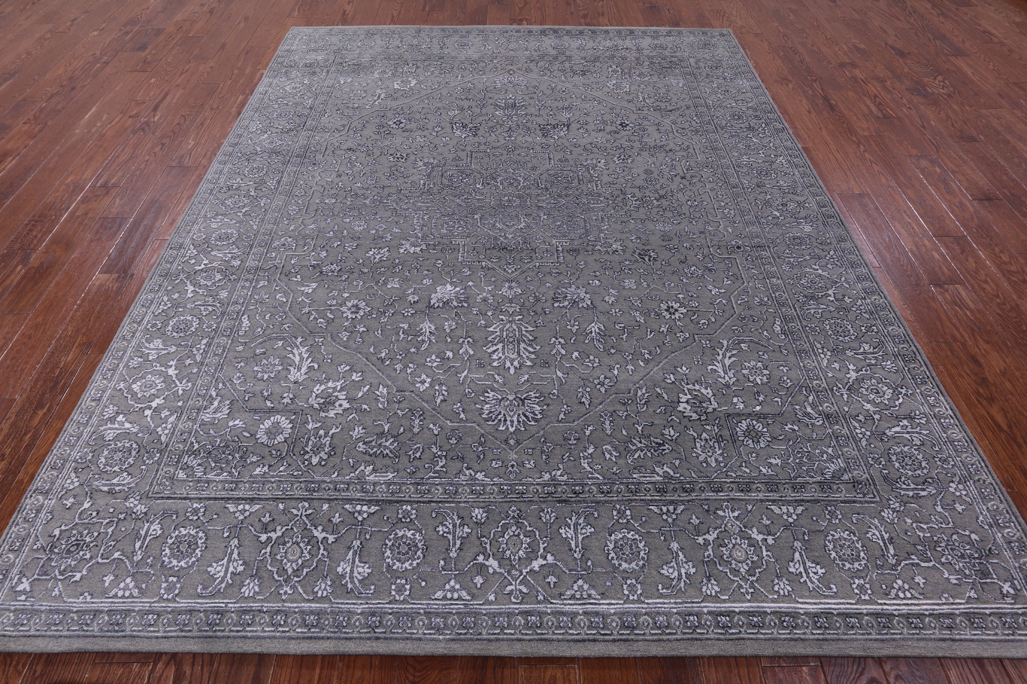 Grey Persian Fine Serapi Hand Knotted Wool & Silk Rug - 8' 0" X 10' 1" - Golden Nile