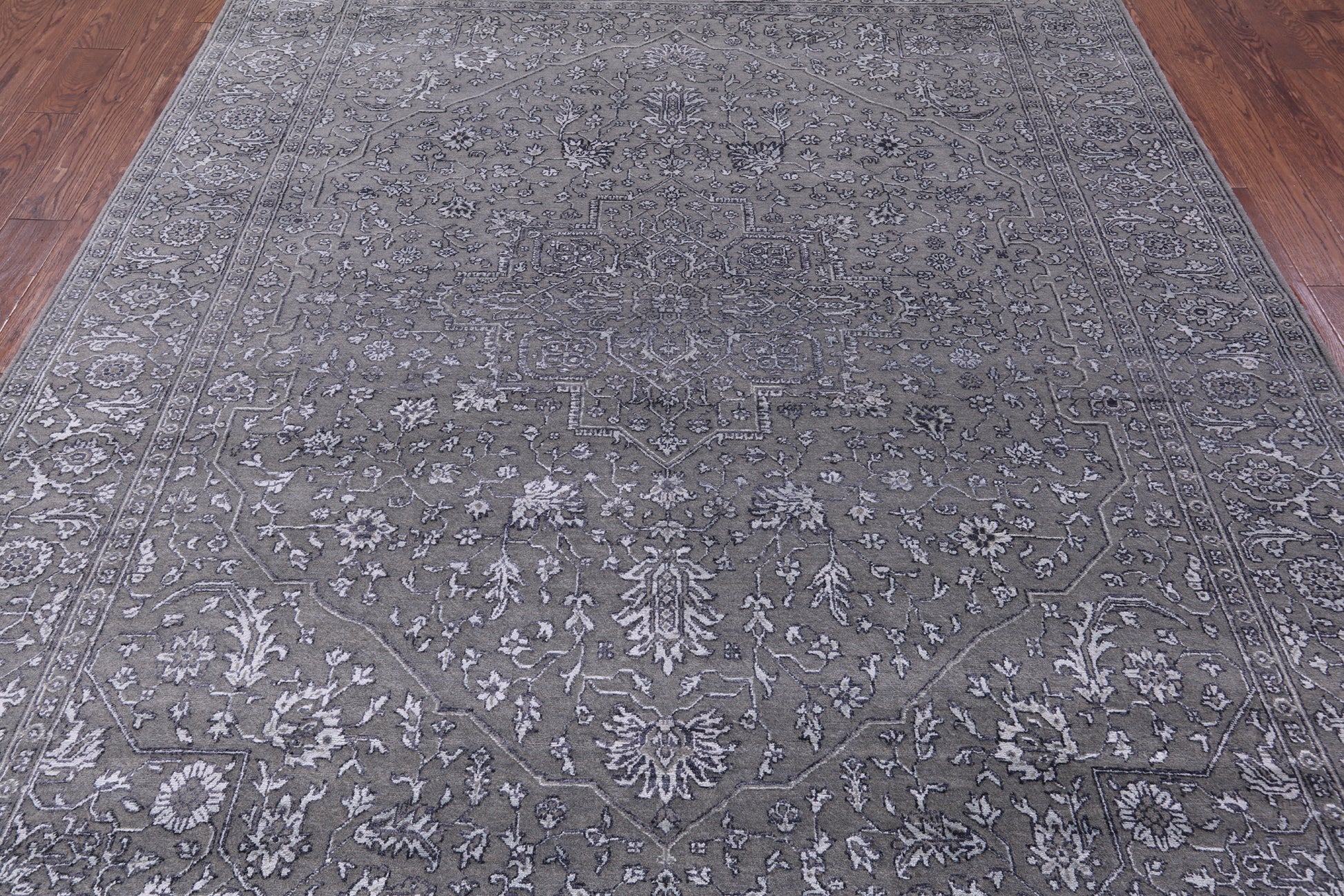 Grey Persian Fine Serapi Hand Knotted Wool & Silk Rug - 8' 0" X 10' 1" - Golden Nile