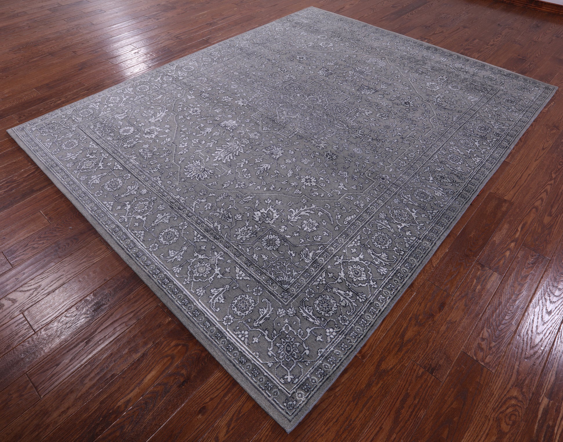 Grey Persian Fine Serapi Hand Knotted Wool & Silk Rug - 8' 0" X 10' 1" - Golden Nile