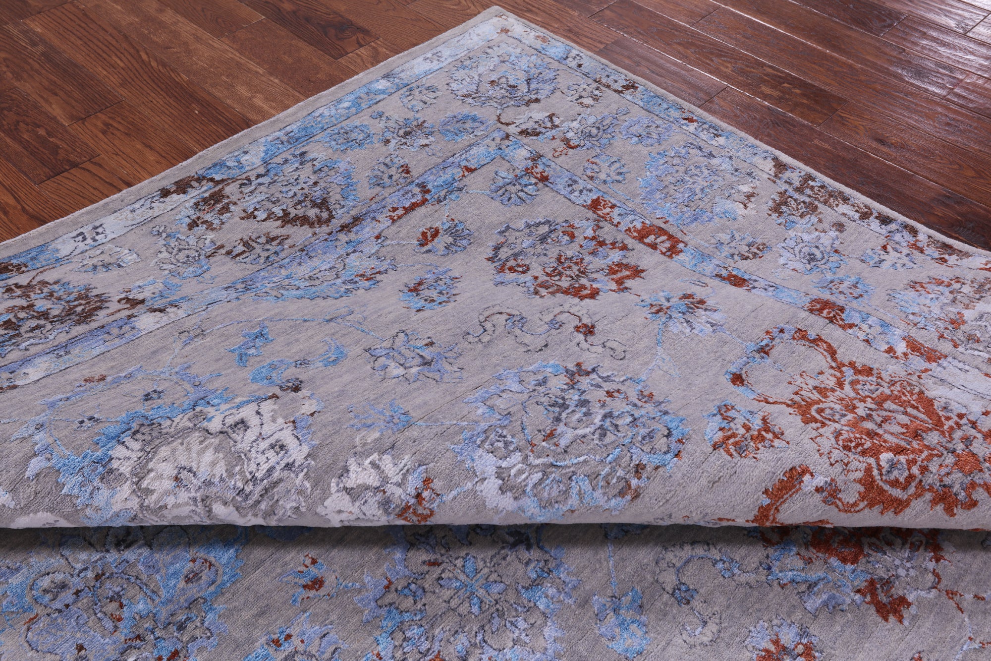 Grey Persian Hand Knotted Wool & Silk Rug - 8' 1" X 9' 11" - Golden Nile