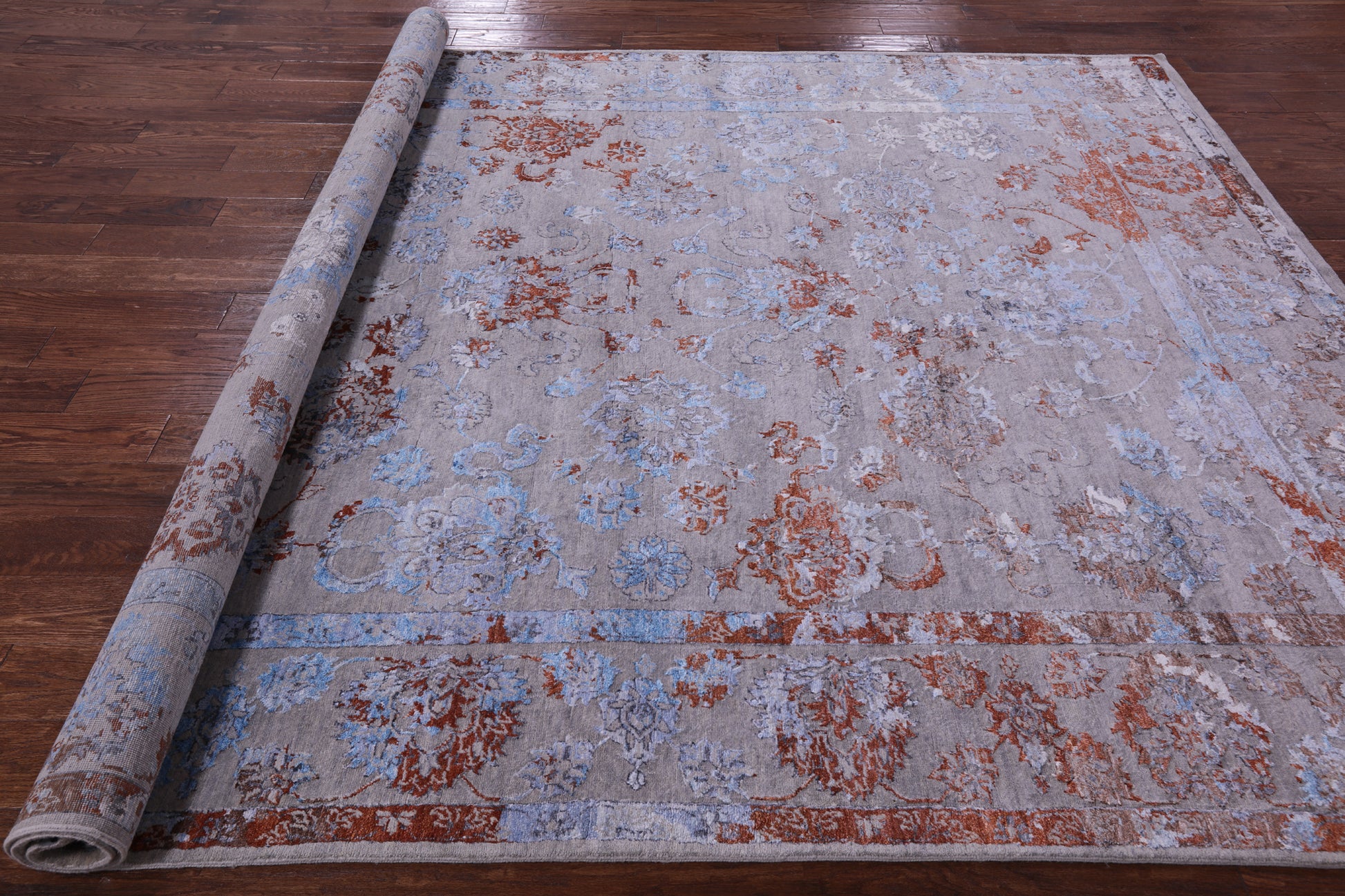 Grey Persian Hand Knotted Wool & Silk Rug - 8' 1" X 9' 11" - Golden Nile