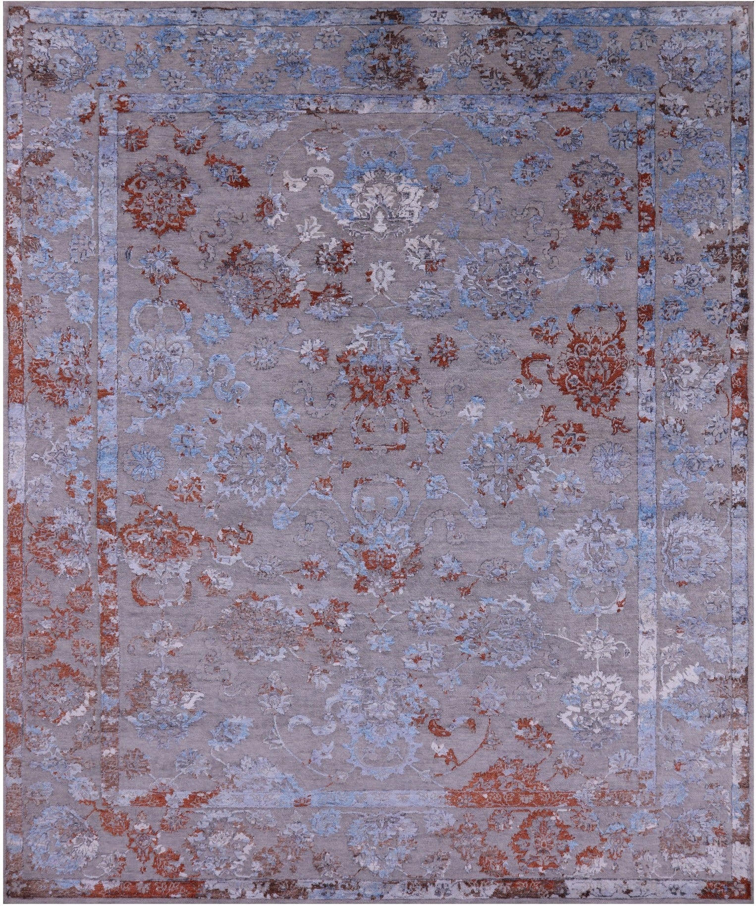 Grey Persian Hand Knotted Wool & Silk Rug - 8' 1" X 9' 11" - Golden Nile