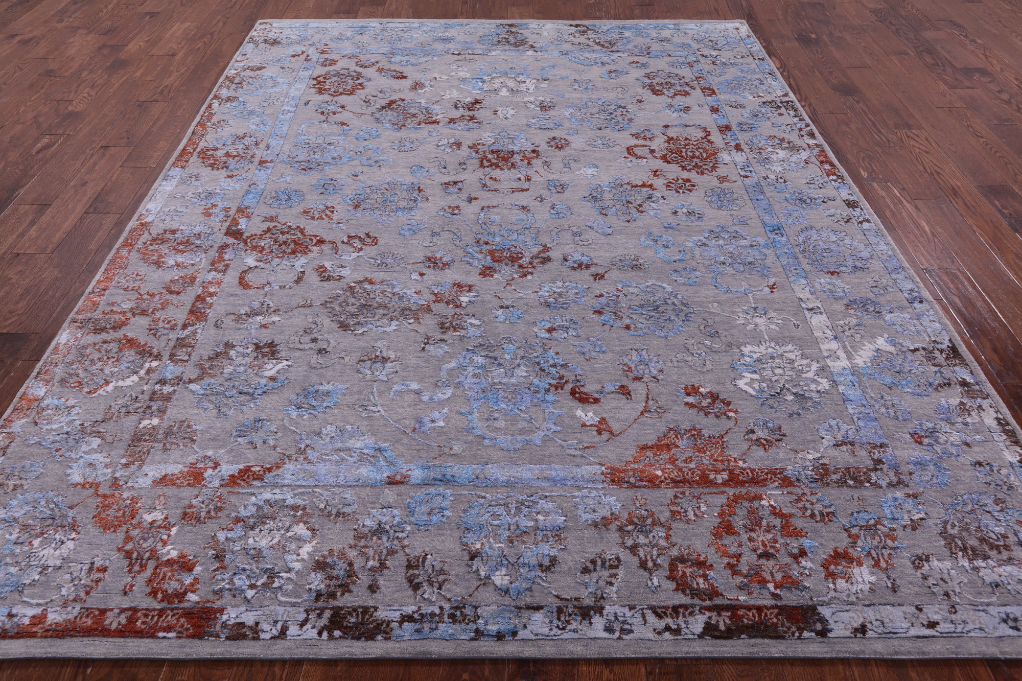 Grey Persian Hand Knotted Wool & Silk Rug - 8' 1" X 9' 11" - Golden Nile