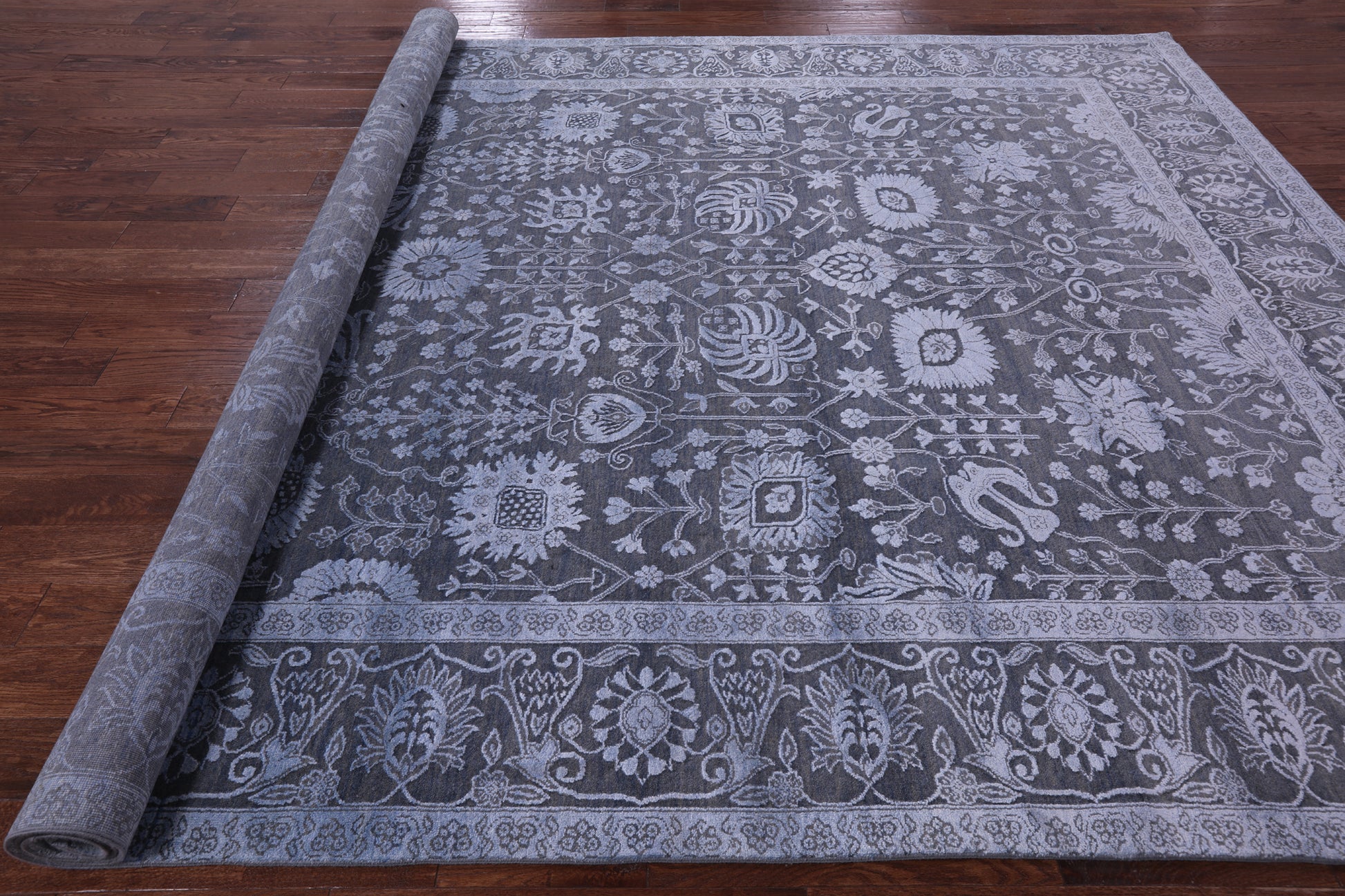 Grey Persian Hand Knotted Wool & Silk Rug - 9' 0" X 11' 10" - Golden Nile