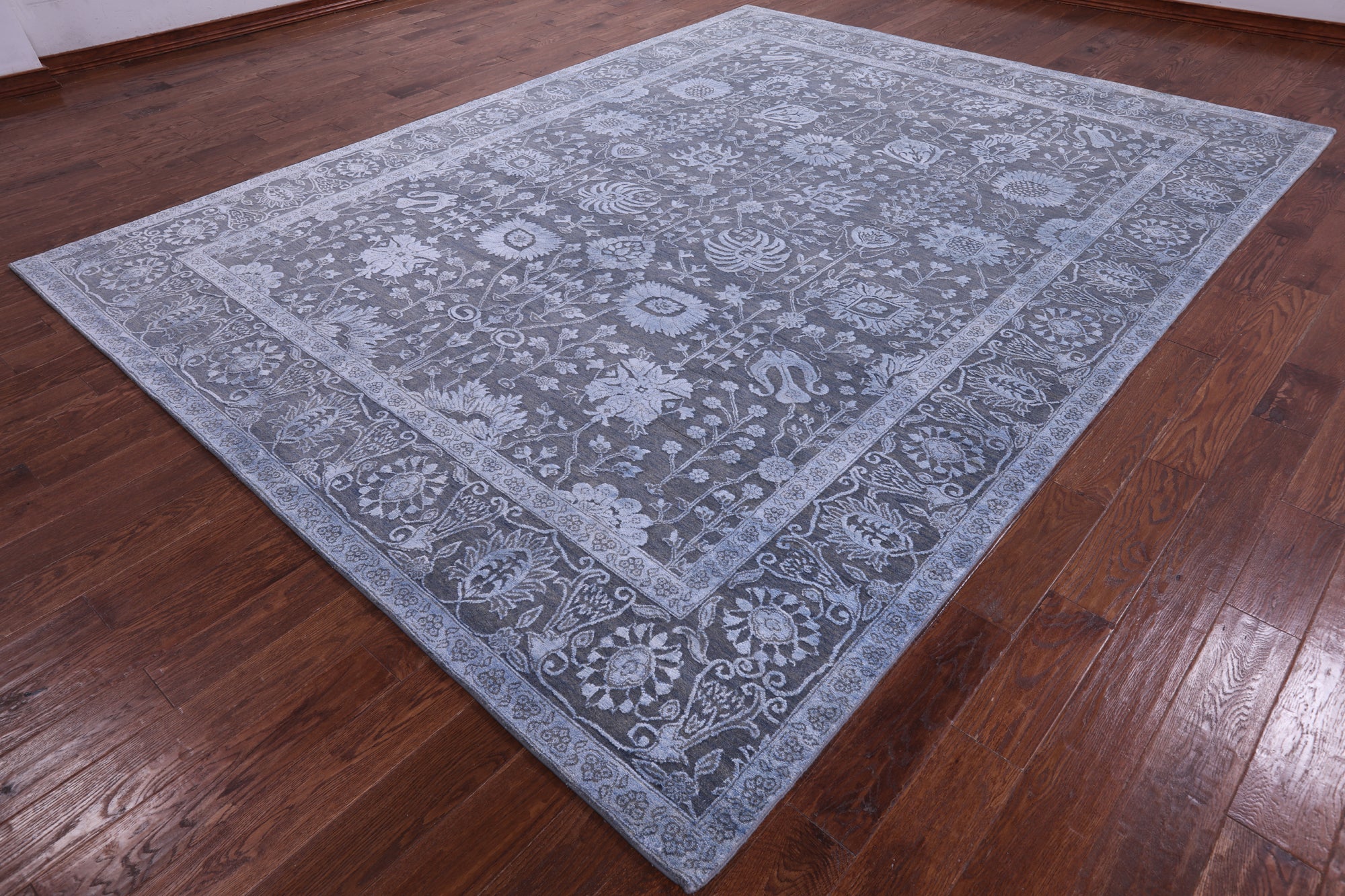 Grey Persian Hand Knotted Wool & Silk Rug - 9' 0" X 11' 10" - Golden Nile