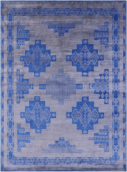 Blue Persian Gabbeh Hand Knotted Wool & Silk Rug - 9' 0" X 12' 4" - Golden Nile