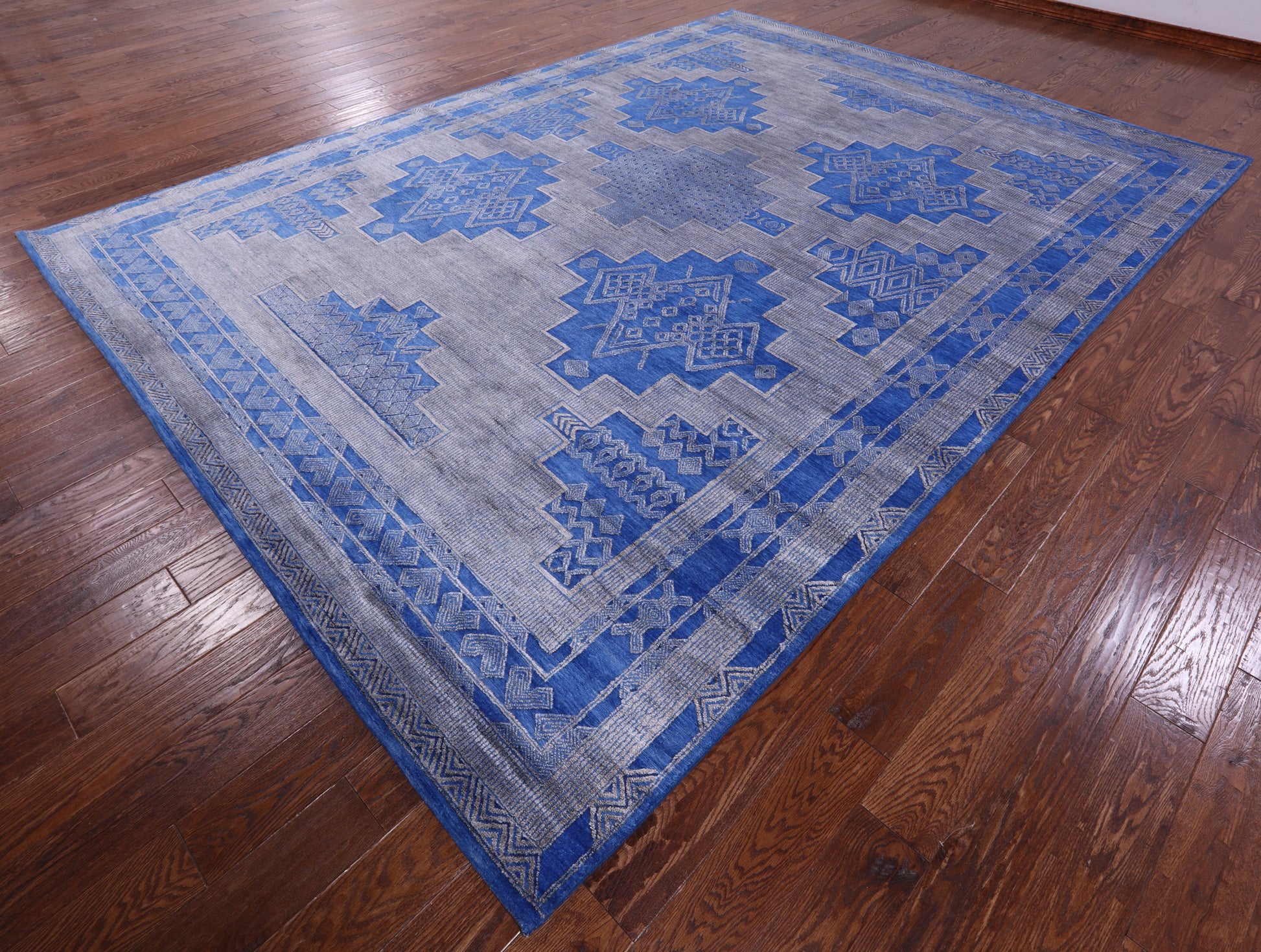 Blue Persian Gabbeh Hand Knotted Wool & Silk Rug - 9' 0" X 12' 4" - Golden Nile