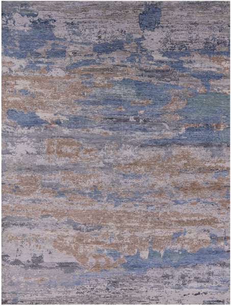 Abstract Modern Hand Knotted Wool & Silk Rug - 7' 11" X 10' 1" - Golden Nile