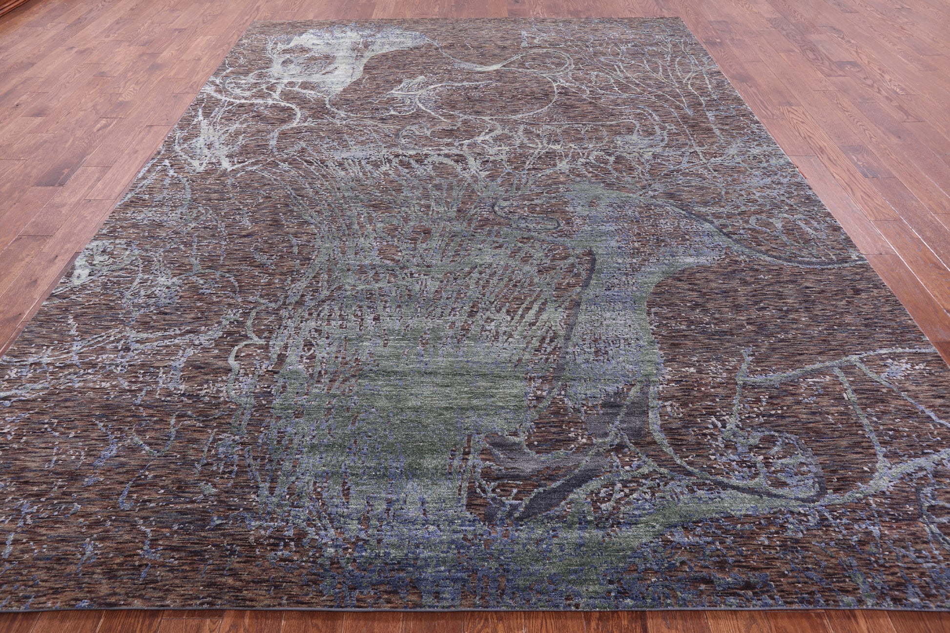 Lions Design Contemporary Hand Knotted Wool & Silk Rug - 9' 1" X 12' 2" - Golden Nile