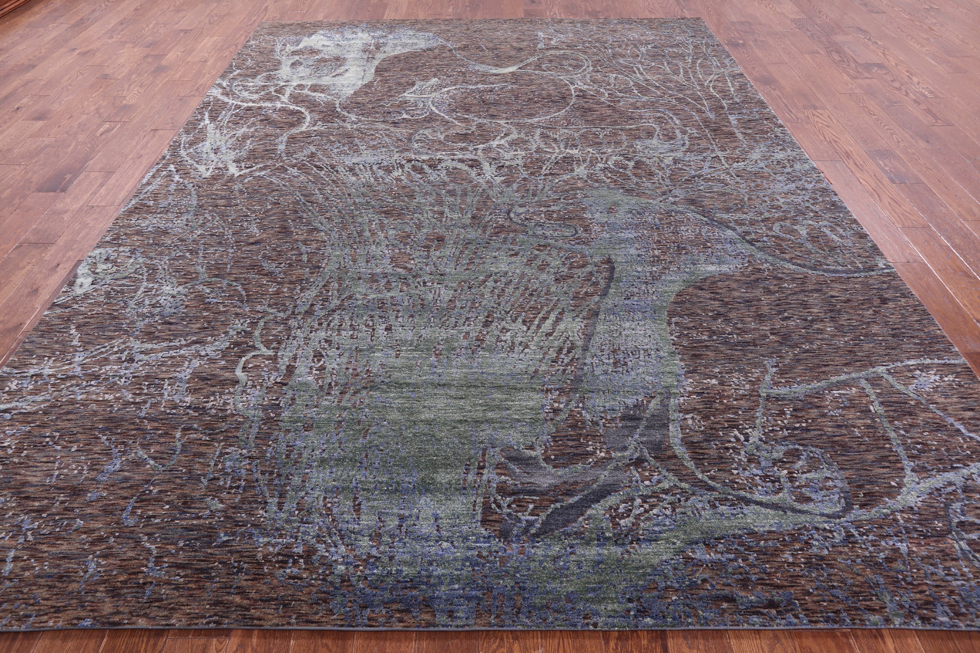 Lions Design Contemporary Hand Knotted Wool & Silk Rug - 9' 1" X 12' 2" - Golden Nile