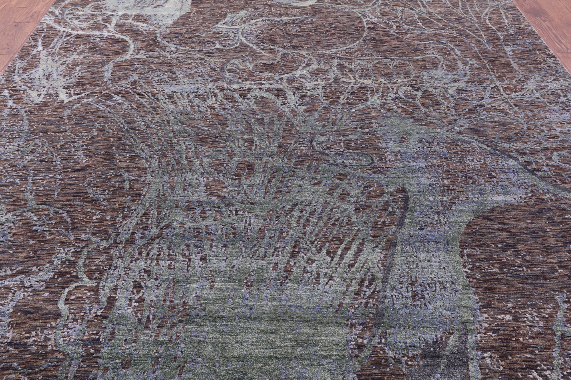 Lions Design Contemporary Hand Knotted Wool & Silk Rug - 9' 1" X 12' 2" - Golden Nile