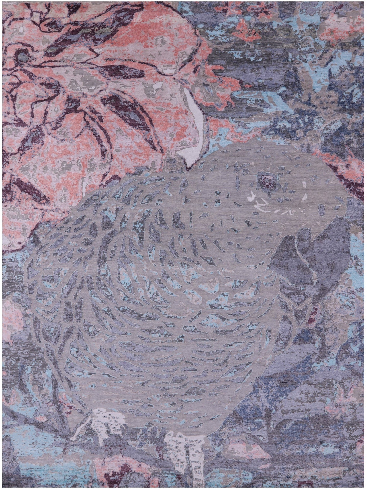 Parrot Design Contemporary Hand Knotted Wool & Silk Rug - 9' 0" X 12' 2" - Golden Nile