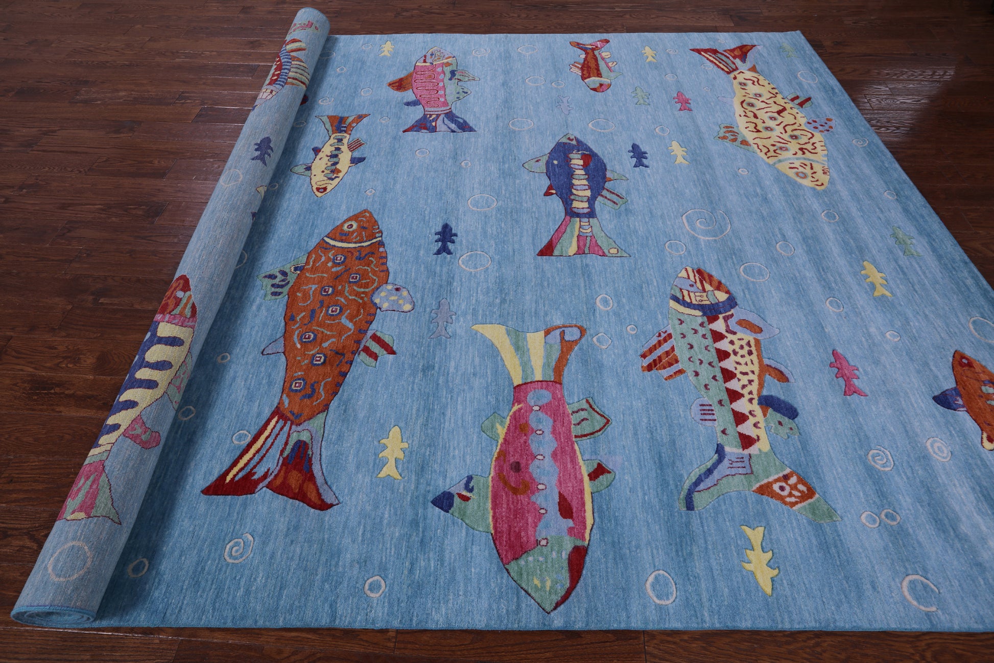 Blue Fish Design Persian Gabbeh Handmade Wool Rug - 8' 11" X 12' 5" - Golden Nile