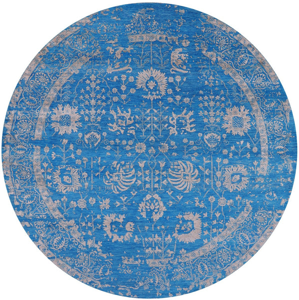 Blue Round Persian Hand Knotted Wool & Silk Rug - 8' 2" X 8' 2" - Golden Nile