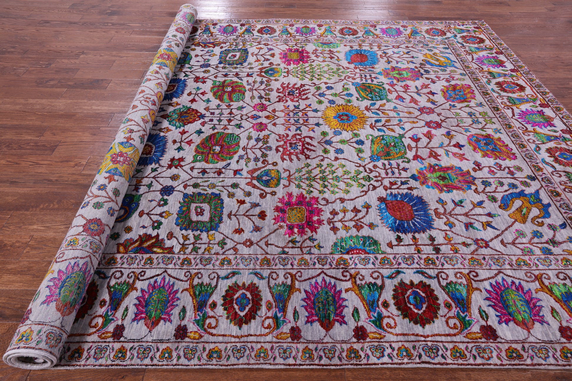 Grey Persian Hand Knotted Wool & Silk Rug - 9' 2" X 11' 8" - Golden Nile