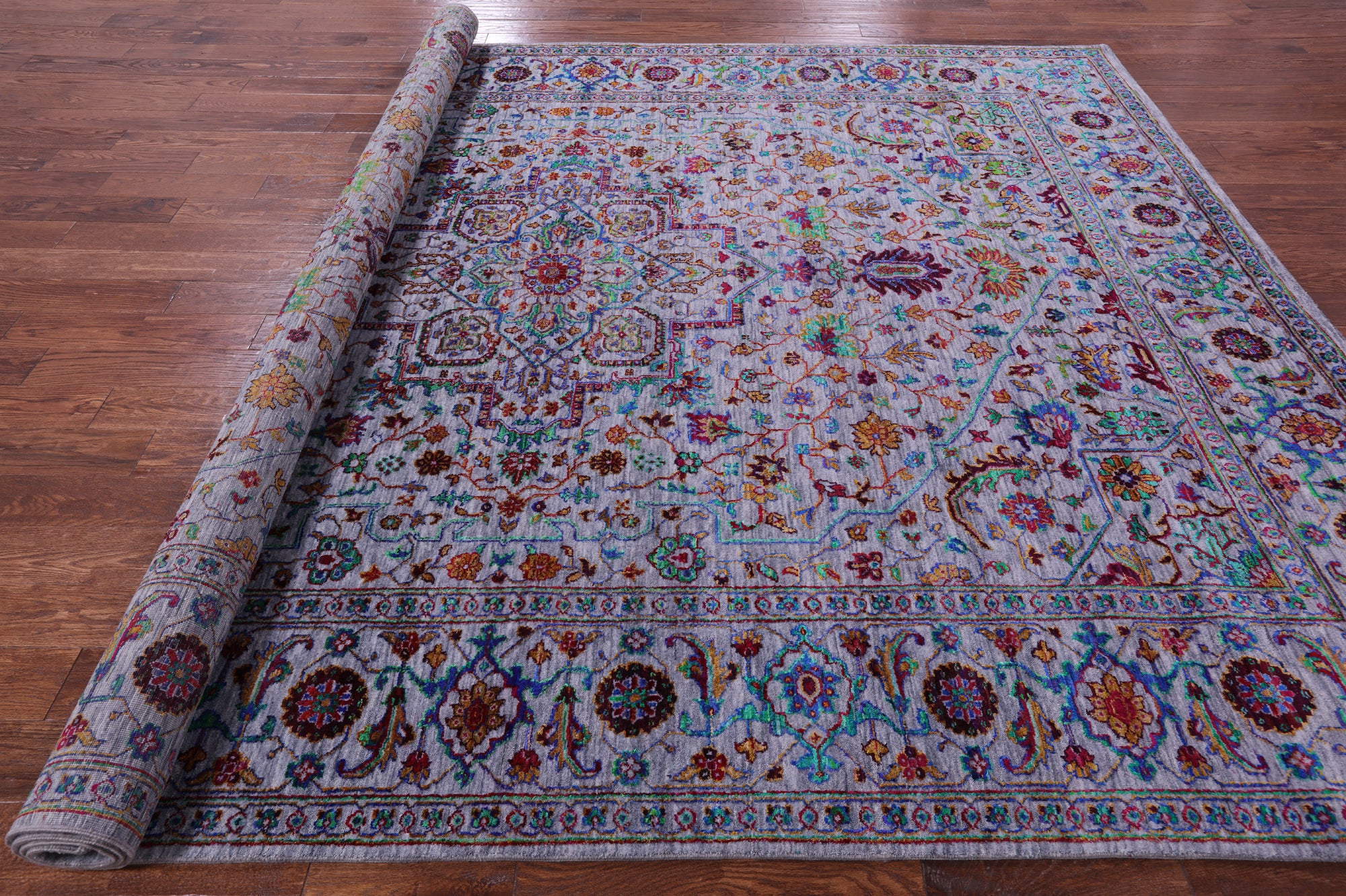 Grey Persian Fine Serapi Handmade Wool & Silk Rug - 9' 1" X 11' 11" - Golden Nile