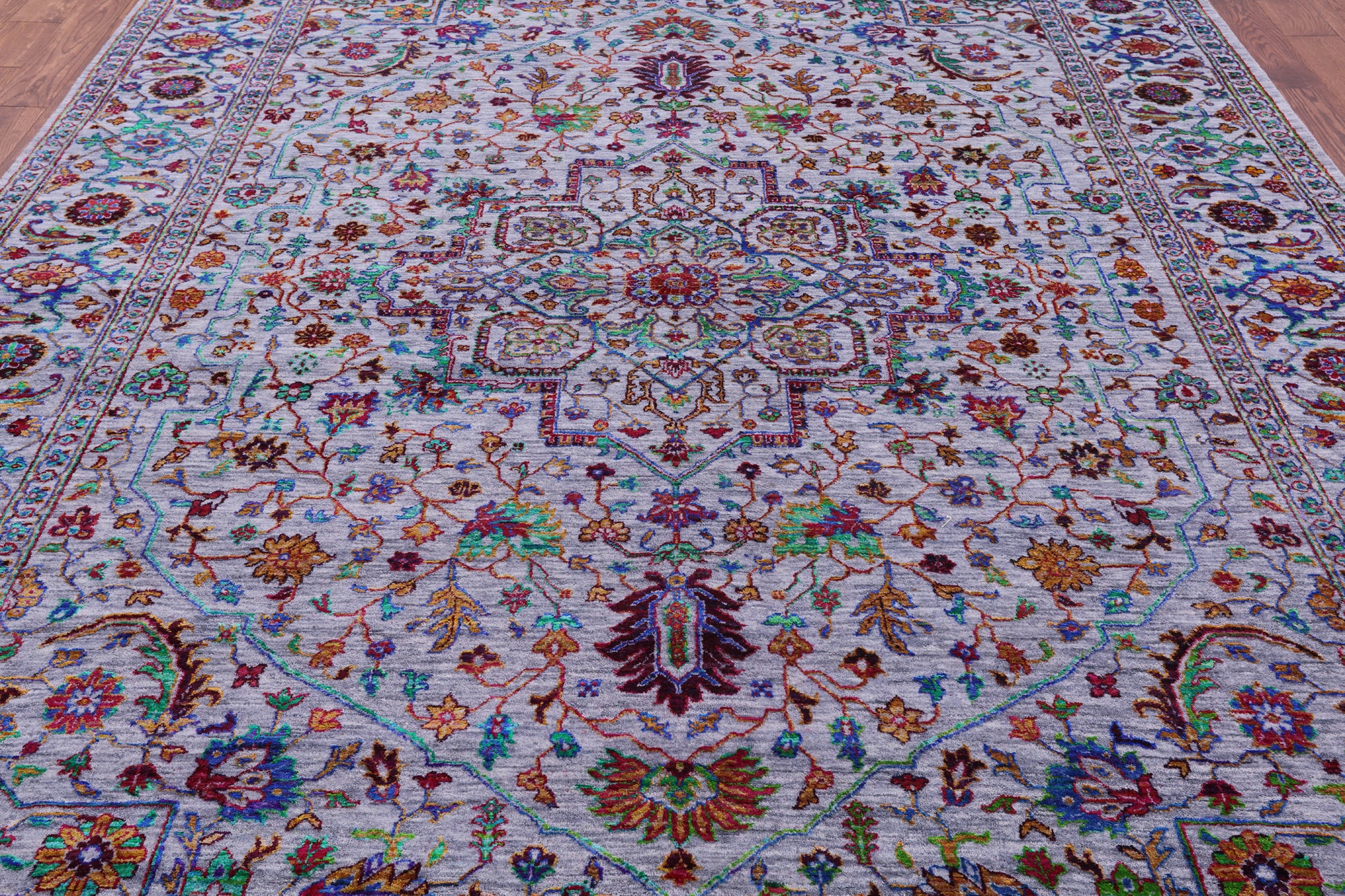 Grey Persian Fine Serapi Handmade Wool & Silk Rug - 9' 1" X 11' 11" - Golden Nile