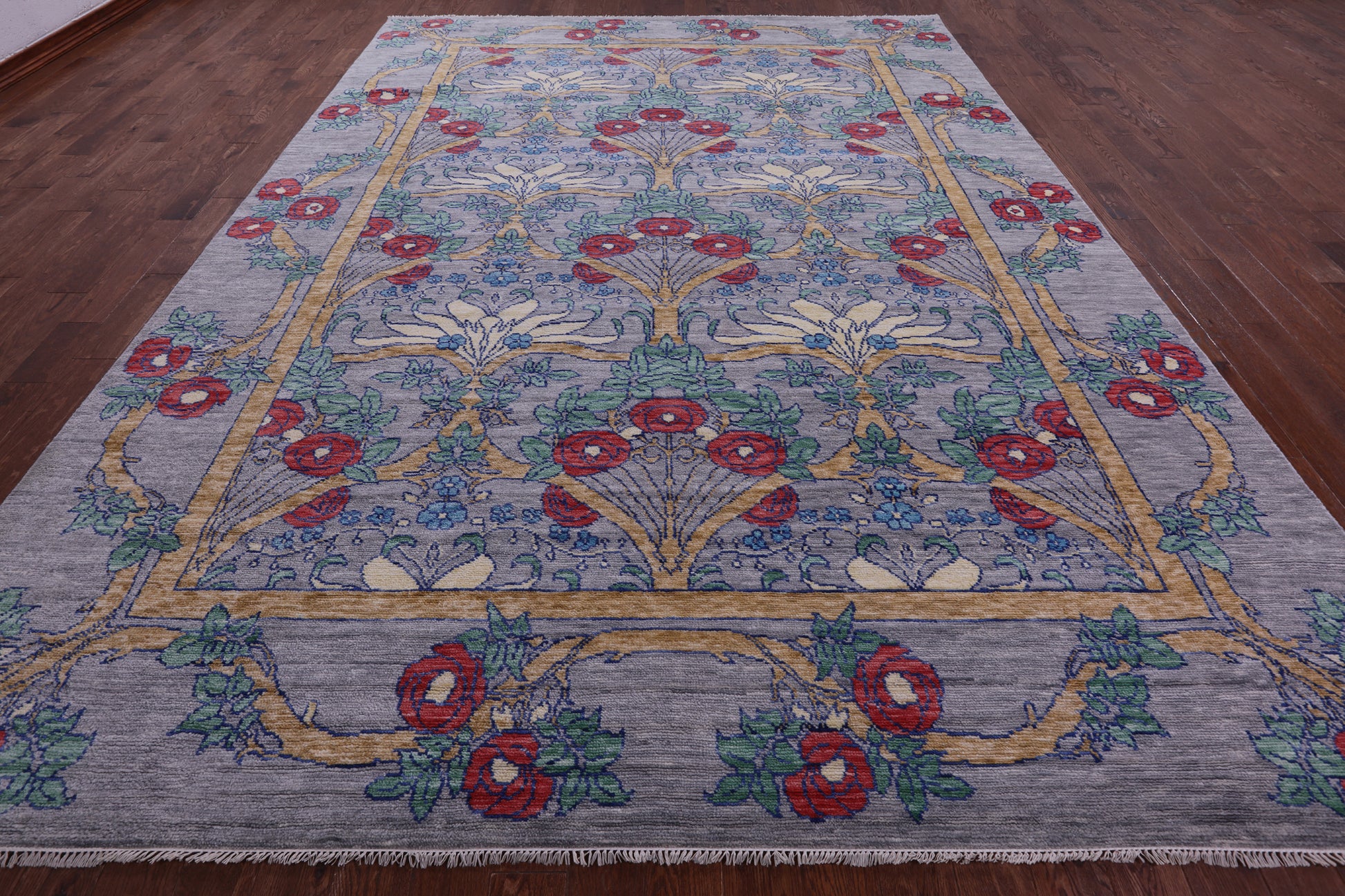 Grey William Morris Hand Knotted Wool Rug - 10' 2" X 14' 1" - Golden Nile