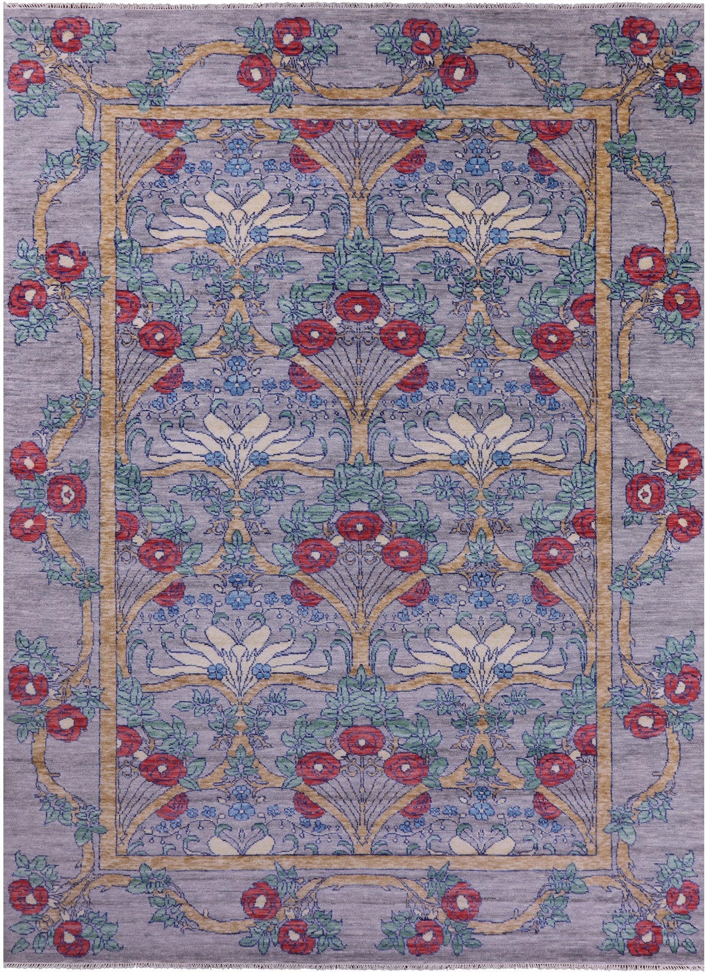Grey William Morris Hand Knotted Wool Rug - 10' 2" X 14' 1" - Golden Nile