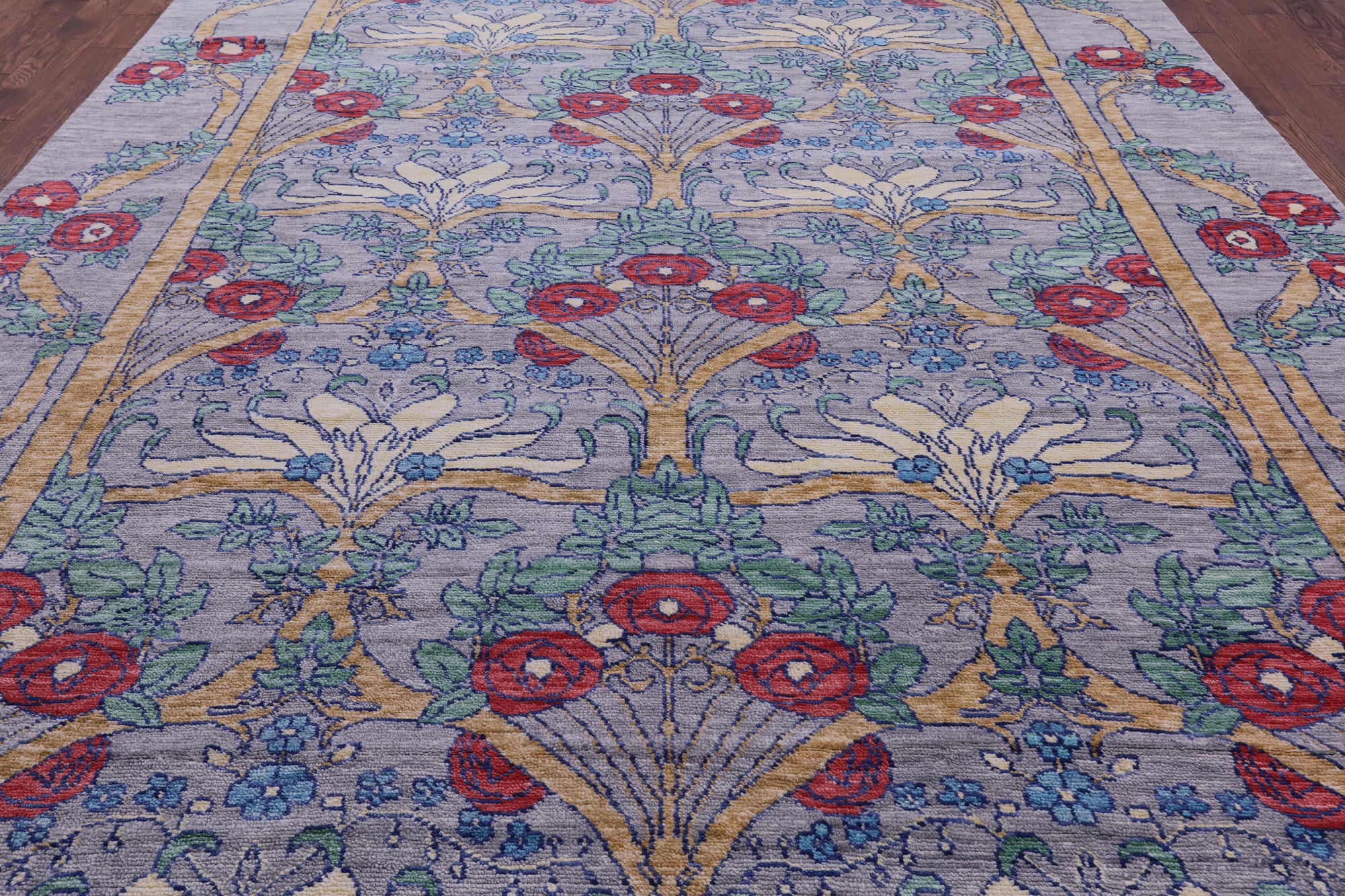 Grey William Morris Hand Knotted Wool Rug - 10' 2" X 14' 1" - Golden Nile