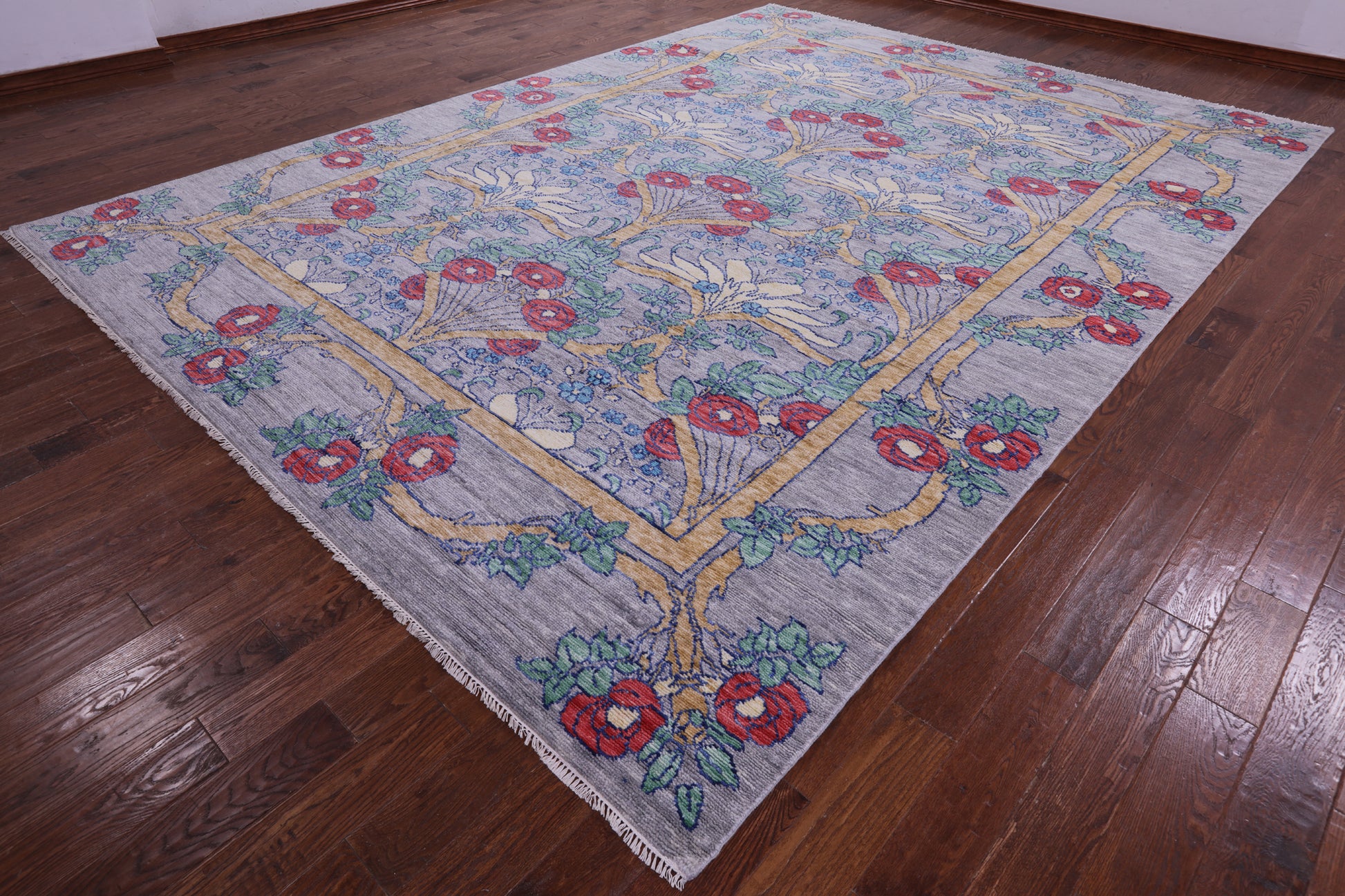 Grey William Morris Hand Knotted Wool Rug - 10' 2" X 14' 1" - Golden Nile