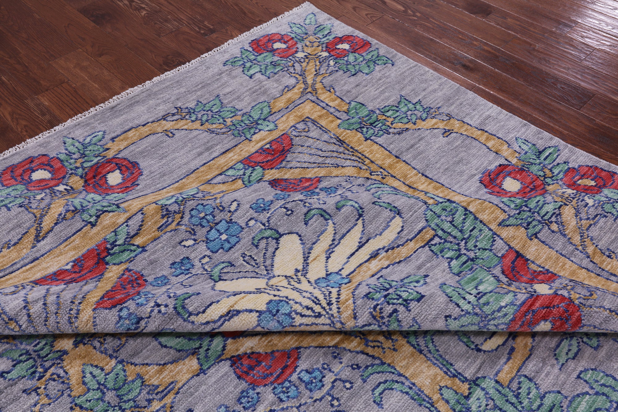 Grey William Morris Hand Knotted Wool Rug - 10' 2" X 14' 1" - Golden Nile