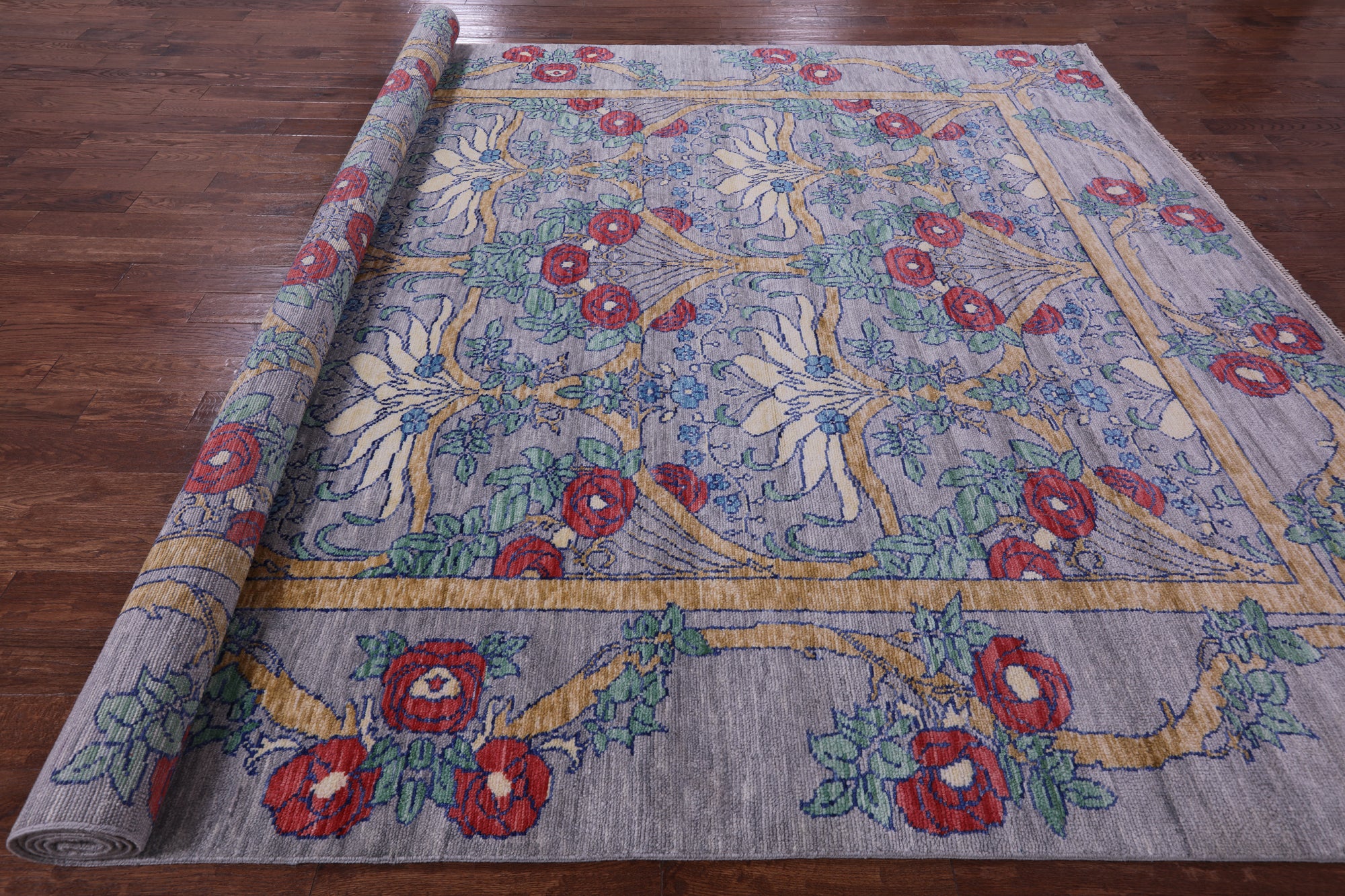 Grey William Morris Hand Knotted Wool Rug - 10' 2" X 14' 1" - Golden Nile
