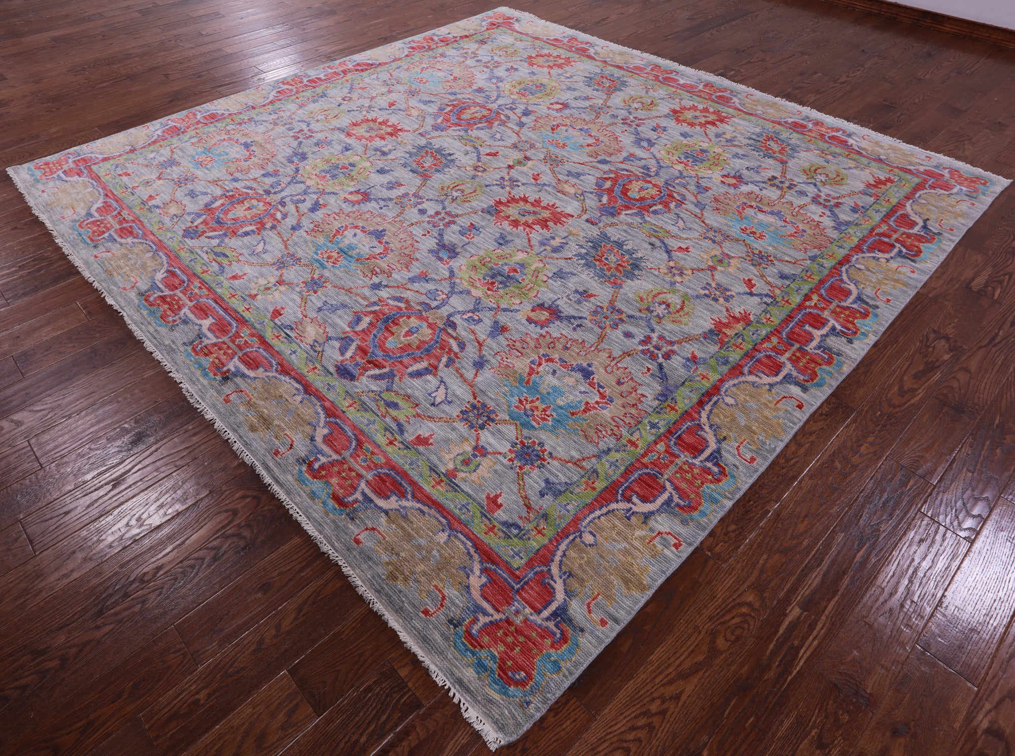 Grey Square William Morris Handmade Wool Rug - 9' 11" X 10' 1" - Golden Nile