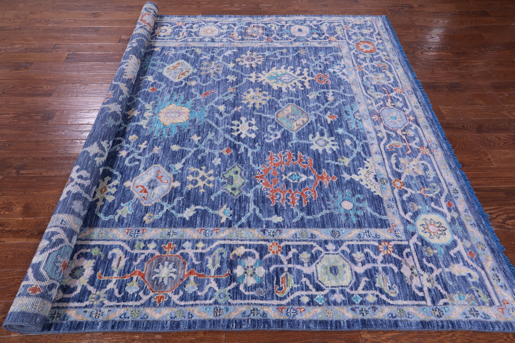Blue Turkish Oushak Hand Knotted Wool Rug - 8' 1" X 9' 9" - Golden Nile