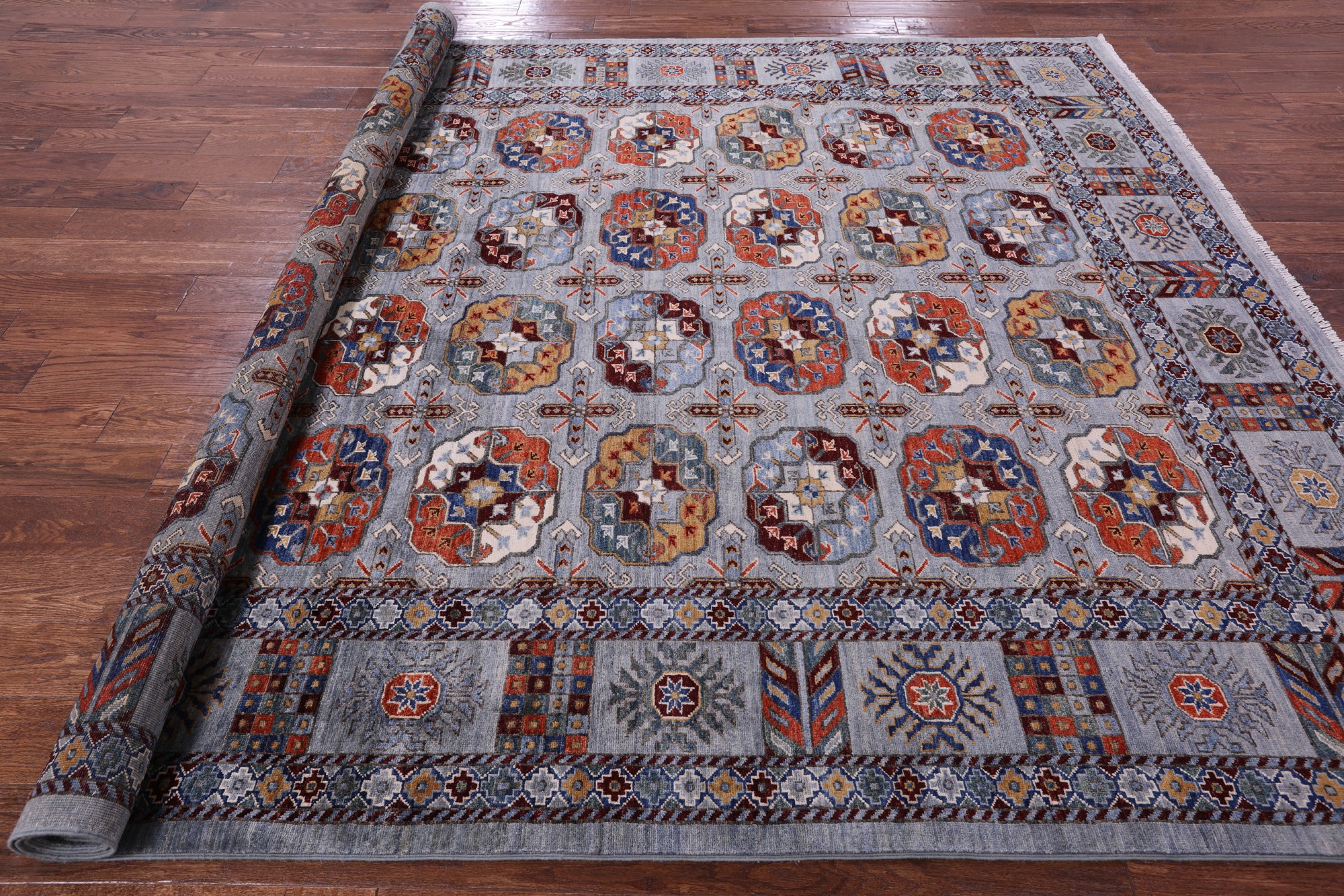 Grey Turkmen Ersari Hand Knotted Wool Rug - 8' 1" X 9' 9" - Golden Nile