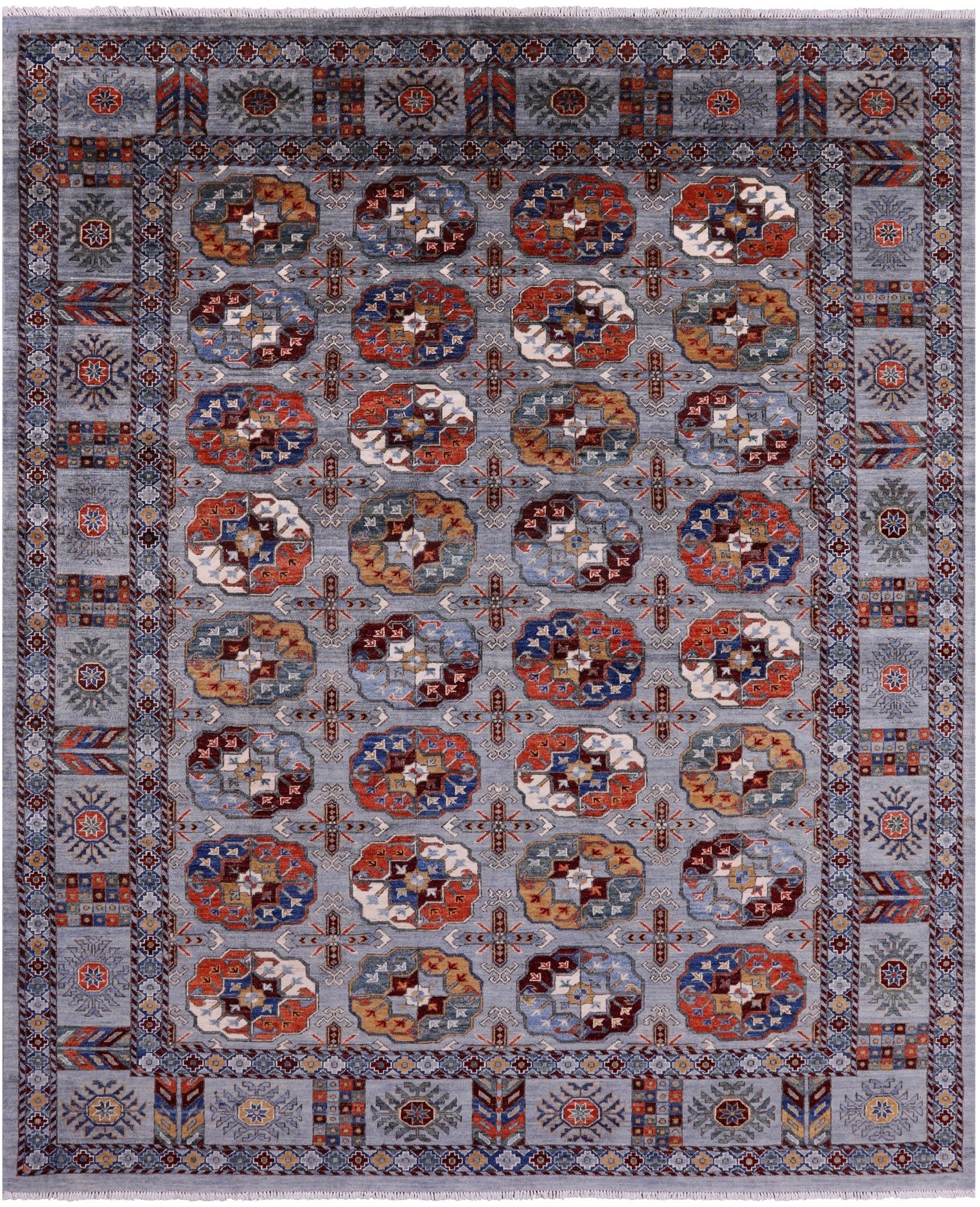 Grey Turkmen Ersari Hand Knotted Wool Rug - 8' 1" X 9' 9" - Golden Nile