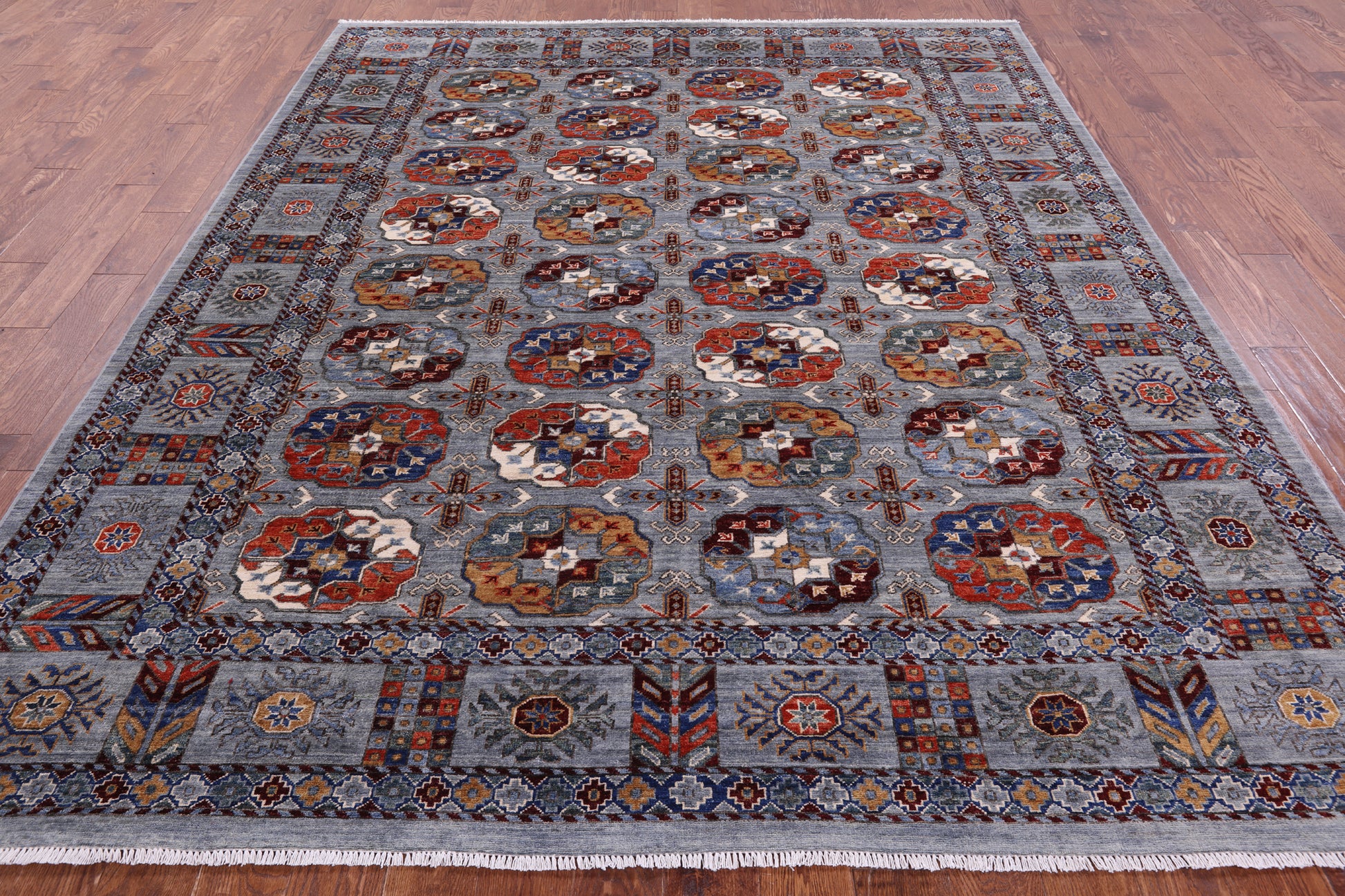 Grey Turkmen Ersari Hand Knotted Wool Rug - 8' 1" X 9' 9" - Golden Nile
