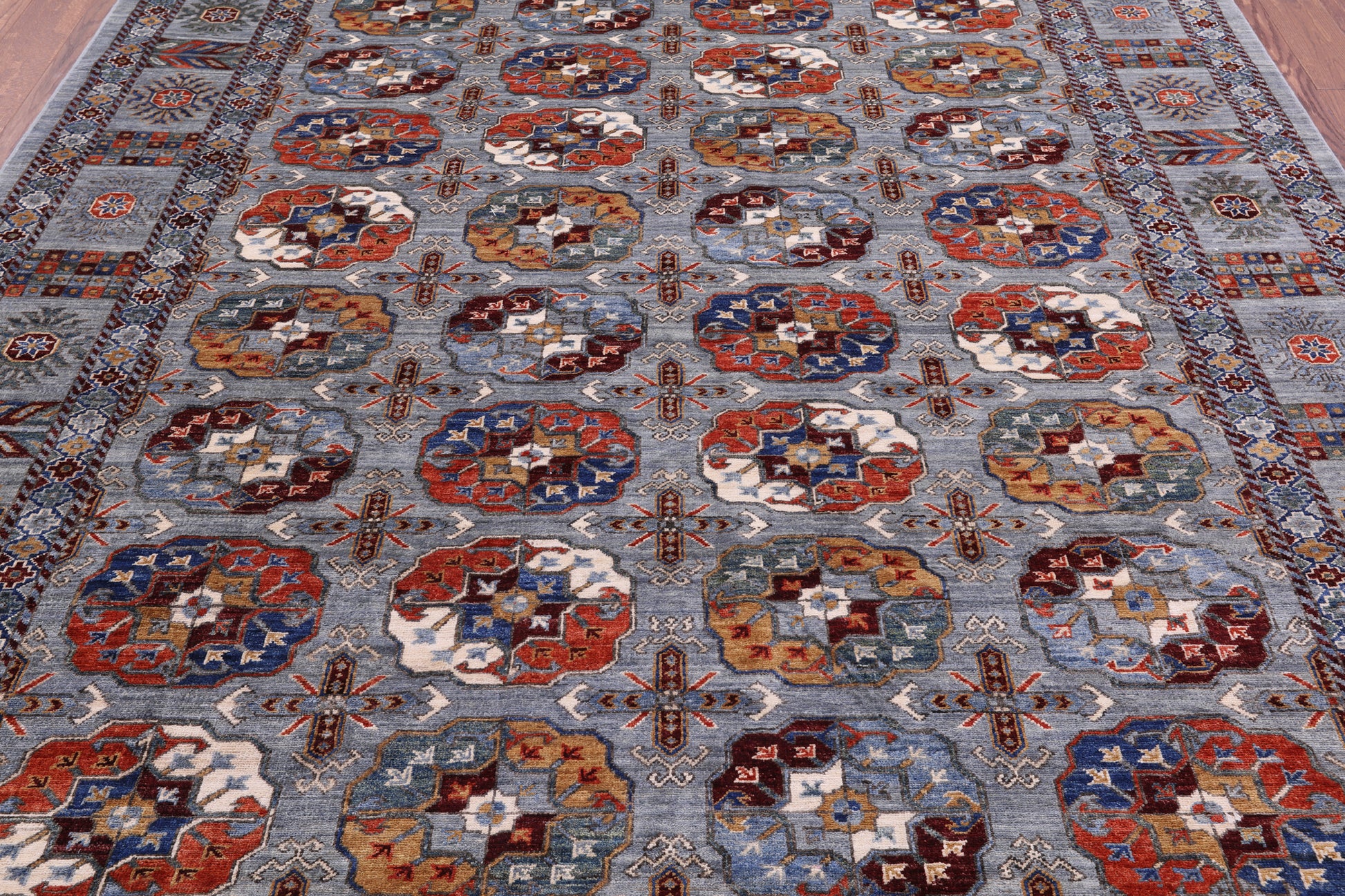 Grey Turkmen Ersari Hand Knotted Wool Rug - 8' 1" X 9' 9" - Golden Nile