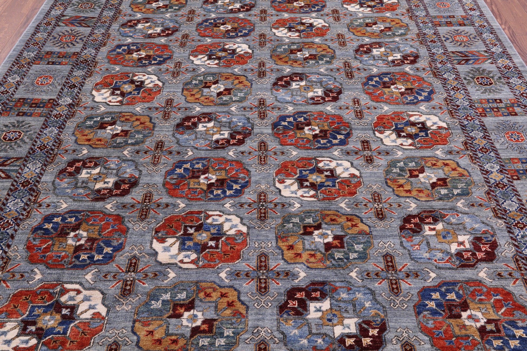 Grey Turkmen Ersari Hand Knotted Wool Rug - 8' 1" X 9' 9" - Golden Nile