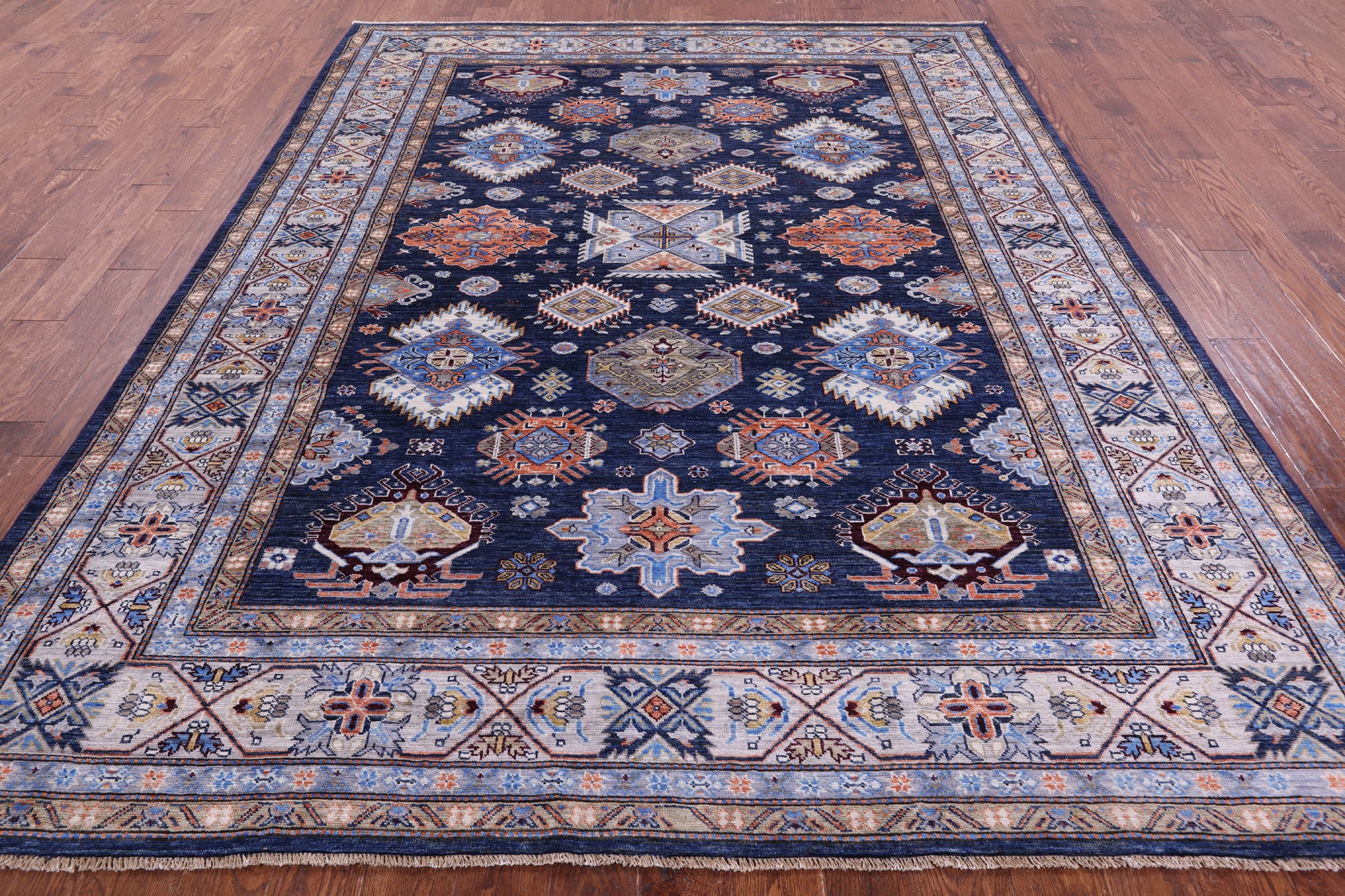 Blue Super Kazak Hand Knotted Wool Rug - 8' 0" X 10' 2" - Golden Nile