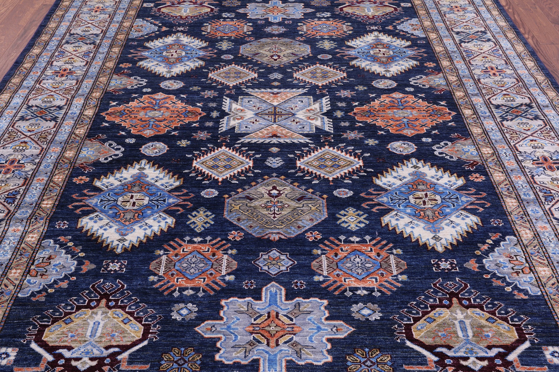 Blue Super Kazak Hand Knotted Wool Rug - 8' 0" X 10' 2" - Golden Nile