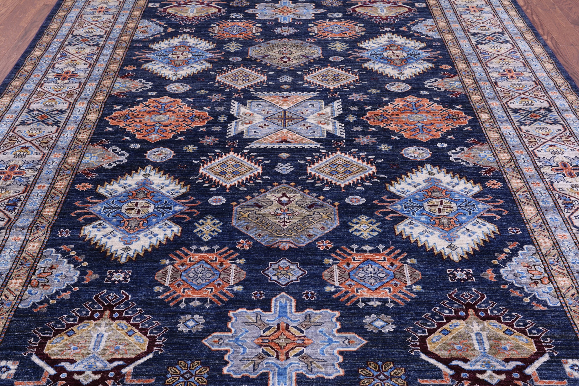 Blue Super Kazak Hand Knotted Wool Rug - 8' 0" X 10' 2" - Golden Nile