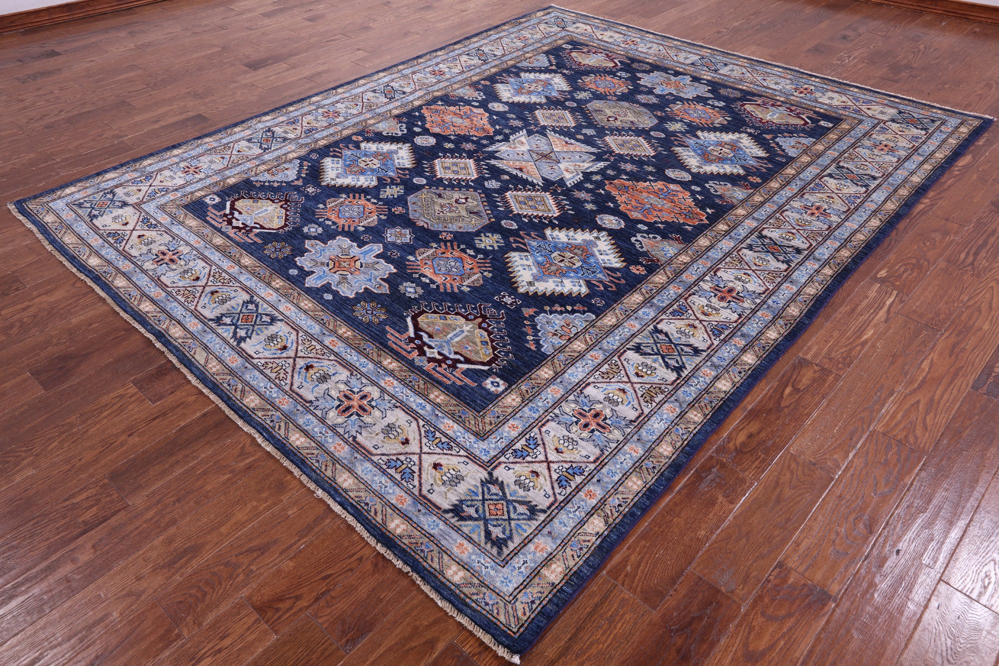 Blue Super Kazak Hand Knotted Wool Rug - 8' 0" X 10' 2" - Golden Nile