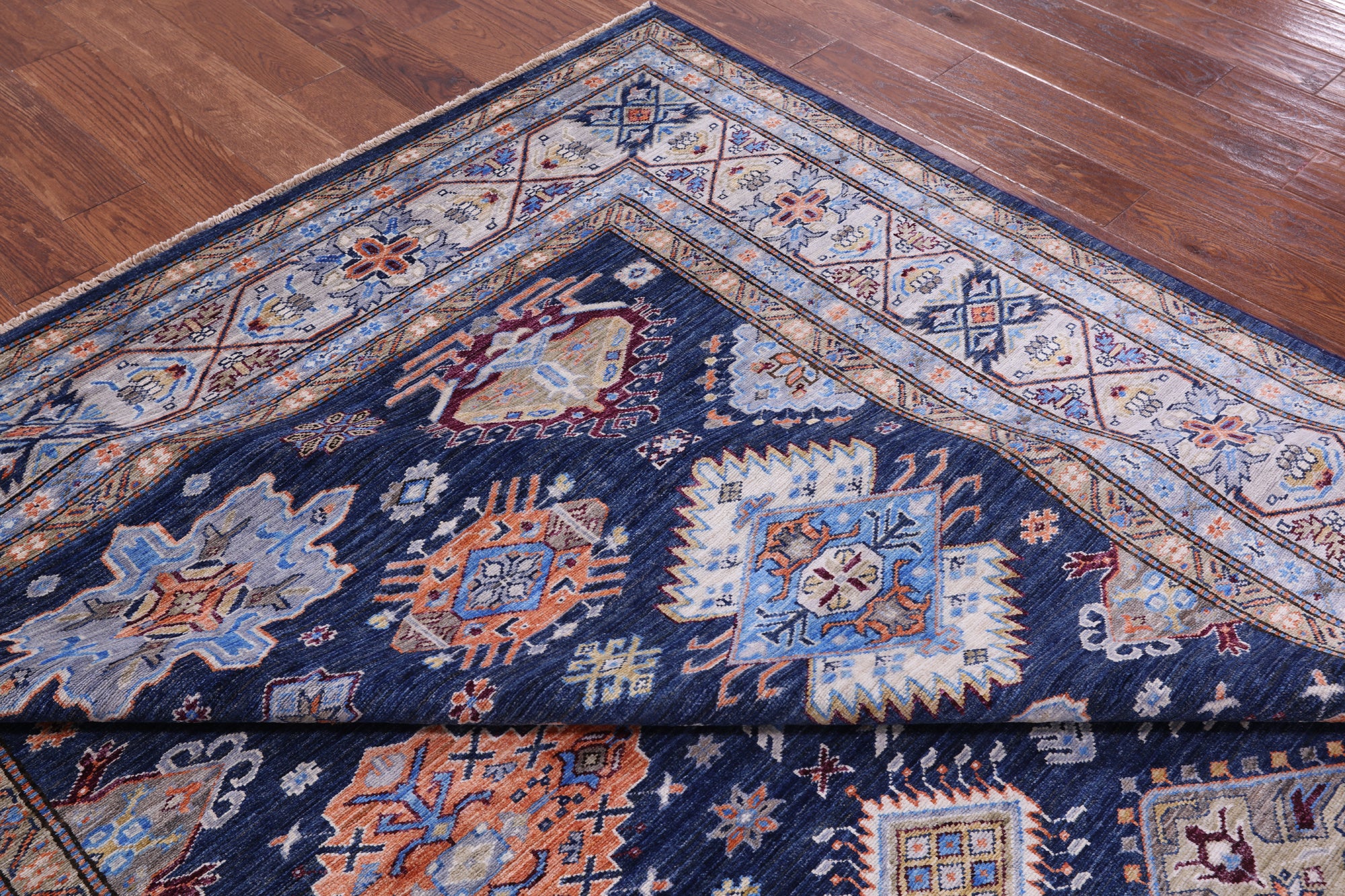 Blue Super Kazak Hand Knotted Wool Rug - 8' 0" X 10' 2" - Golden Nile