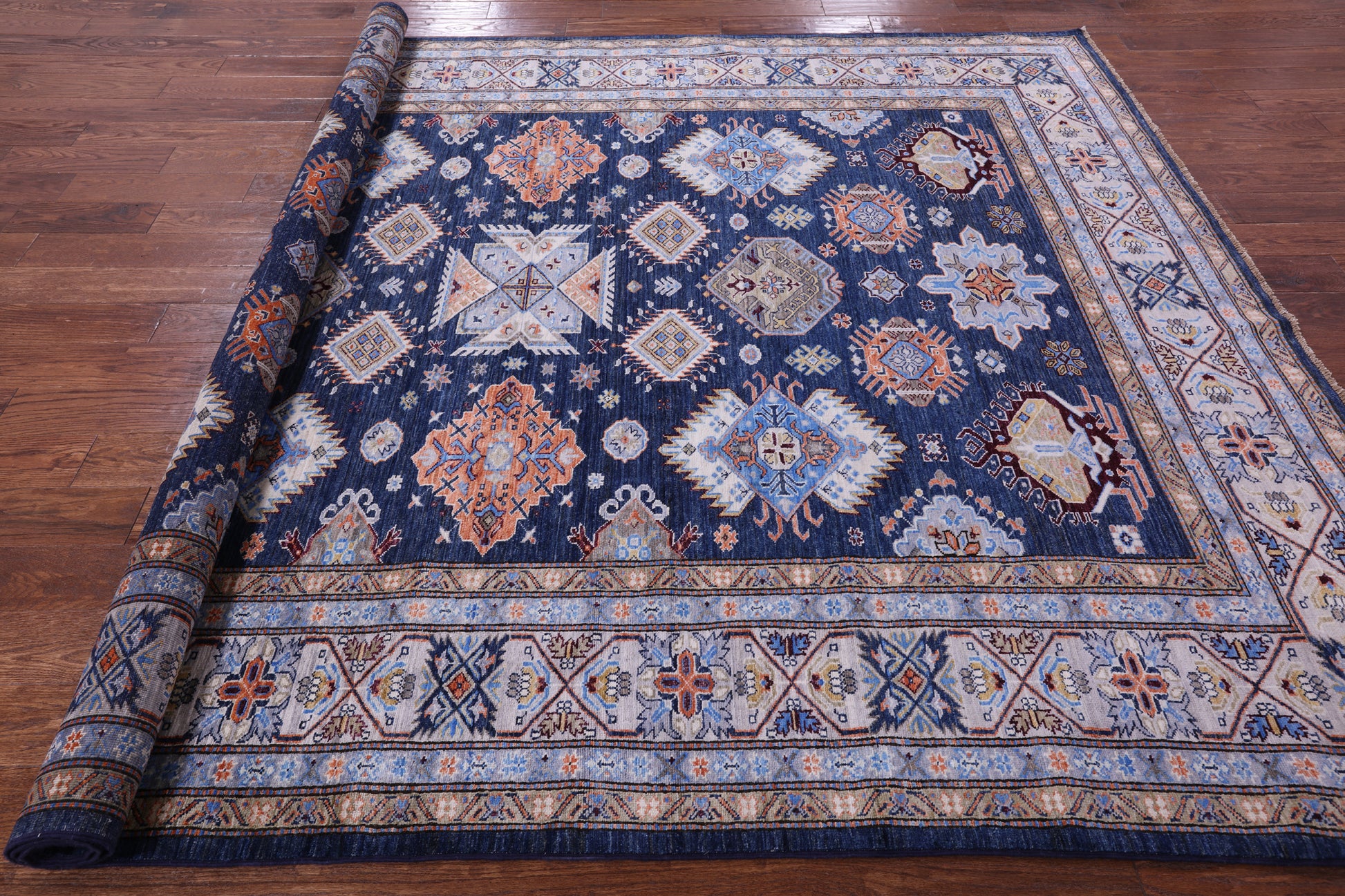 Blue Super Kazak Hand Knotted Wool Rug - 8' 0" X 10' 2" - Golden Nile