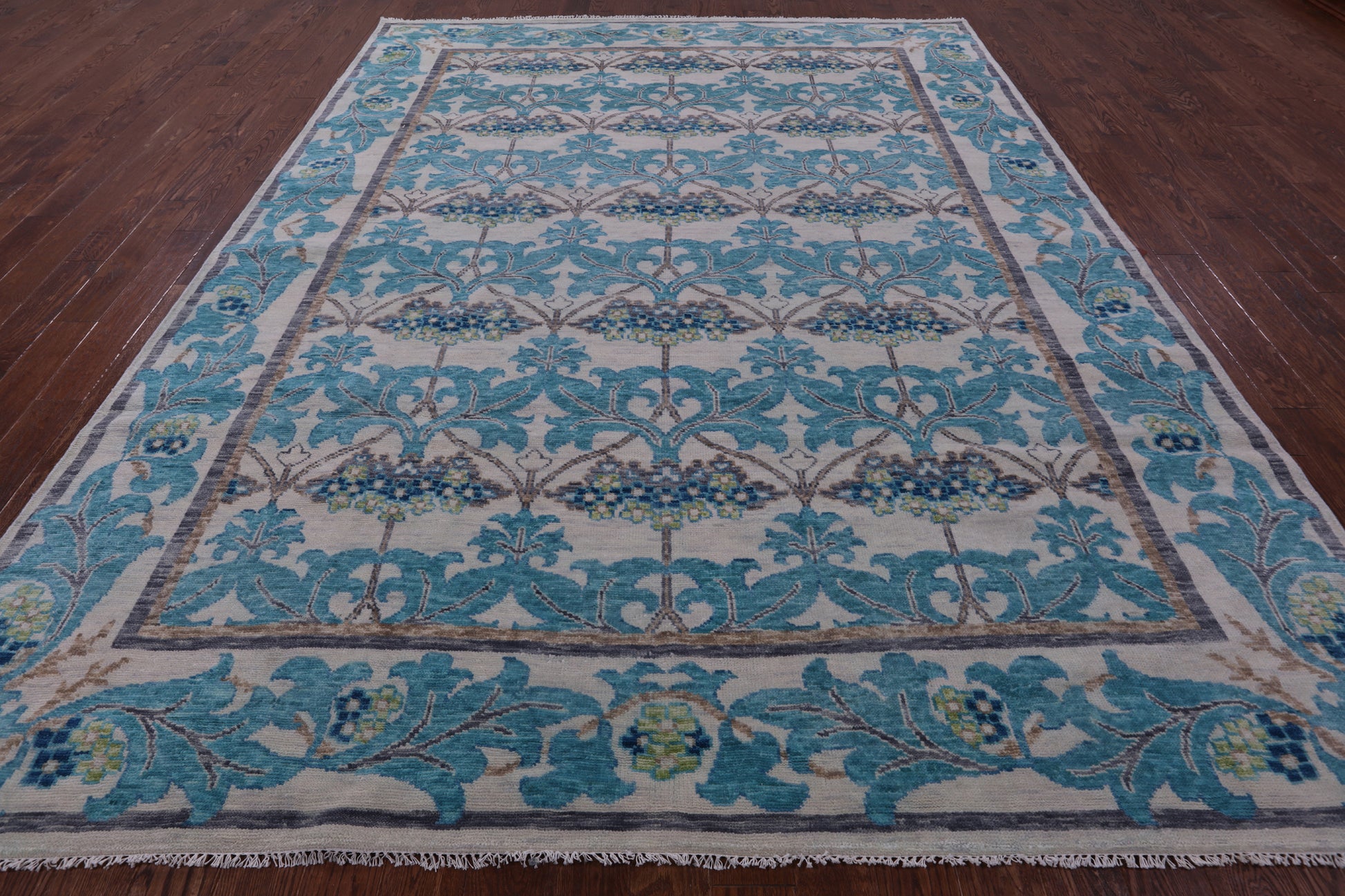 Ivory William Morris Hand Knotted Wool Rug - 9' 3" X 12' 4" - Golden Nile