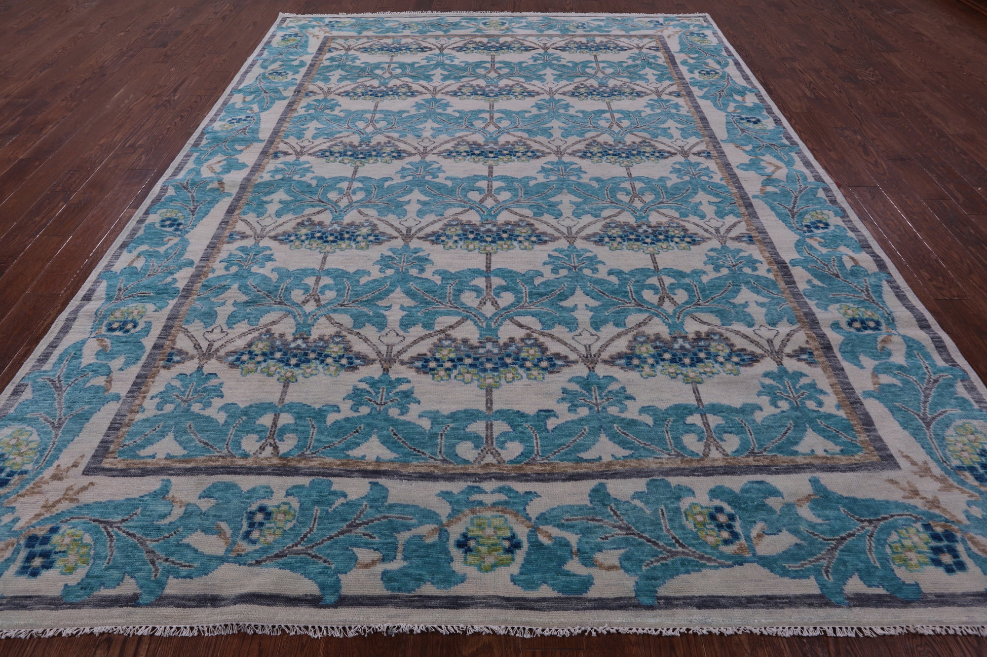 Ivory William Morris Hand Knotted Wool Rug - 9' 3" X 12' 4" - Golden Nile