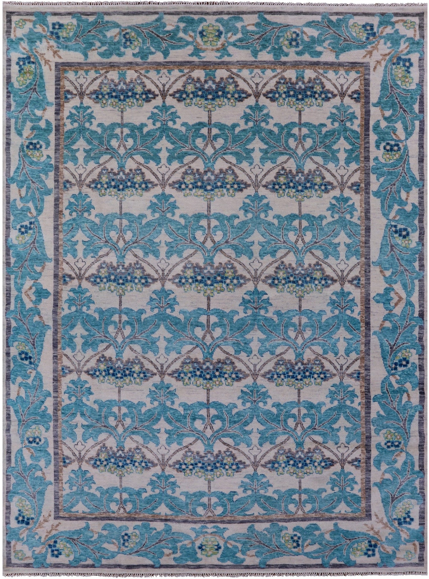 Ivory William Morris Hand Knotted Wool Rug - 9' 3" X 12' 4" - Golden Nile