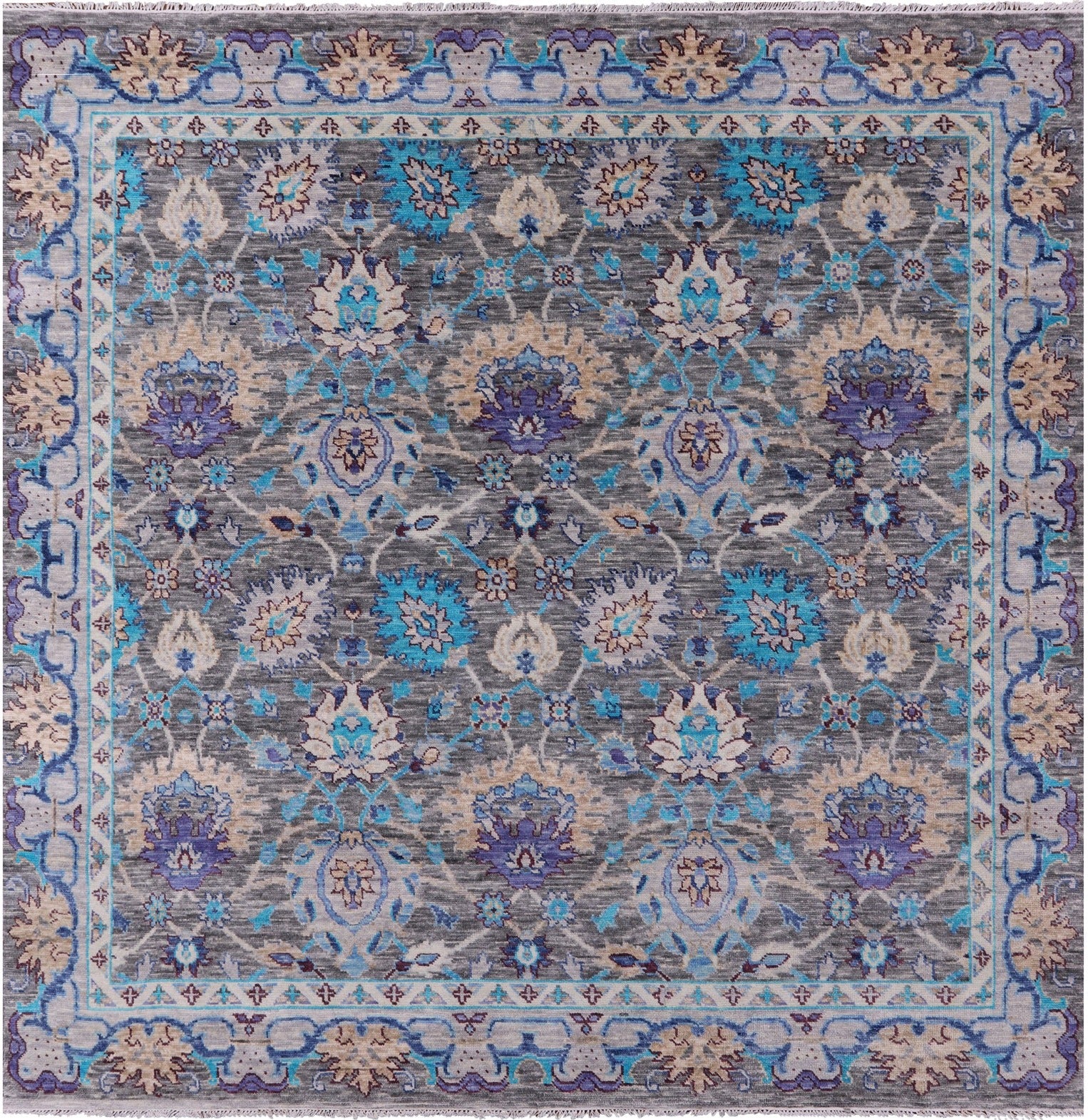 Grey Square William Morris Hand Knotted Wool Rug - 9' 11" X 9' 11" - Golden Nile